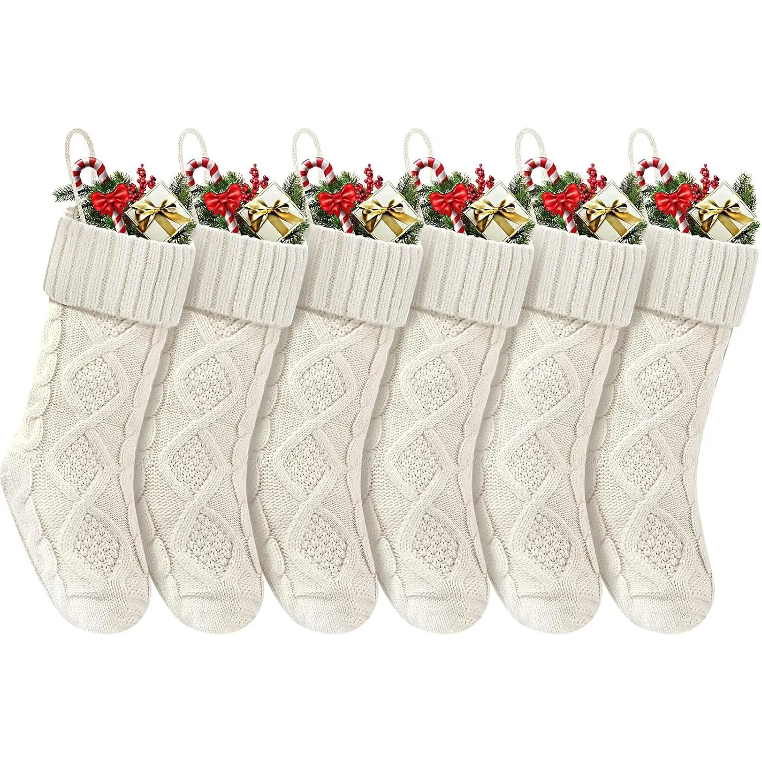 18 Inches Long Knitted Christmas Stockings Hanging Decoration for Fireplace Xmas Tree Home Family 6 Pack White