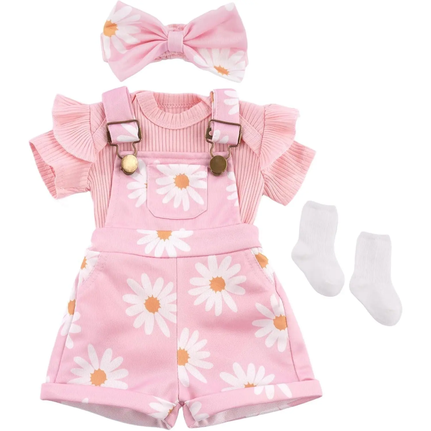 4 Pcs Reborn Baby Doll Clothes for 17-22 Inch Babydolls, Cute Pink Flower Doll Overalls Reborn Baby Doll Accessories with Headband and Socks for Realistic Girl Dolls