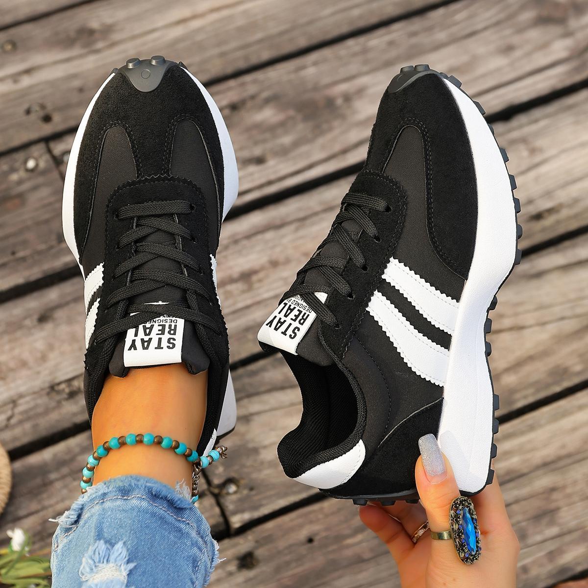 Women's Retro 70s Inspired Chunky Platform Sneakers, Suede & Nylon Upper, Striped Detail, Casual Dad Shoes for American Fashion Lovers