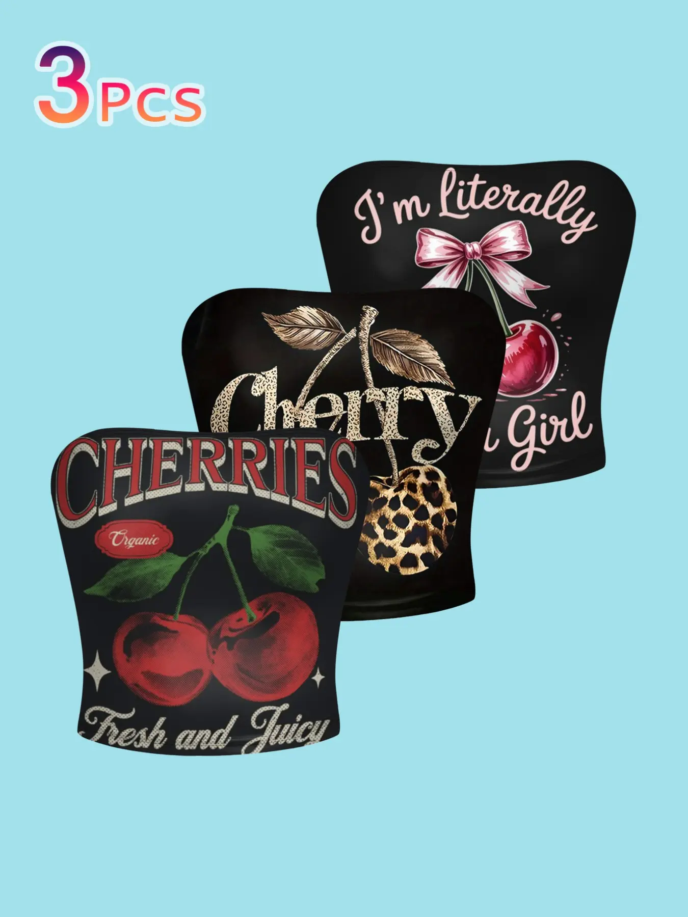 3-Pack Cherry Print & Leopard Print Tube Tops, Slim-Fit Casual Sleeveless Cropped Fitted Sleeveless Crop Tees, Sleeveless Design, All-Season Wear