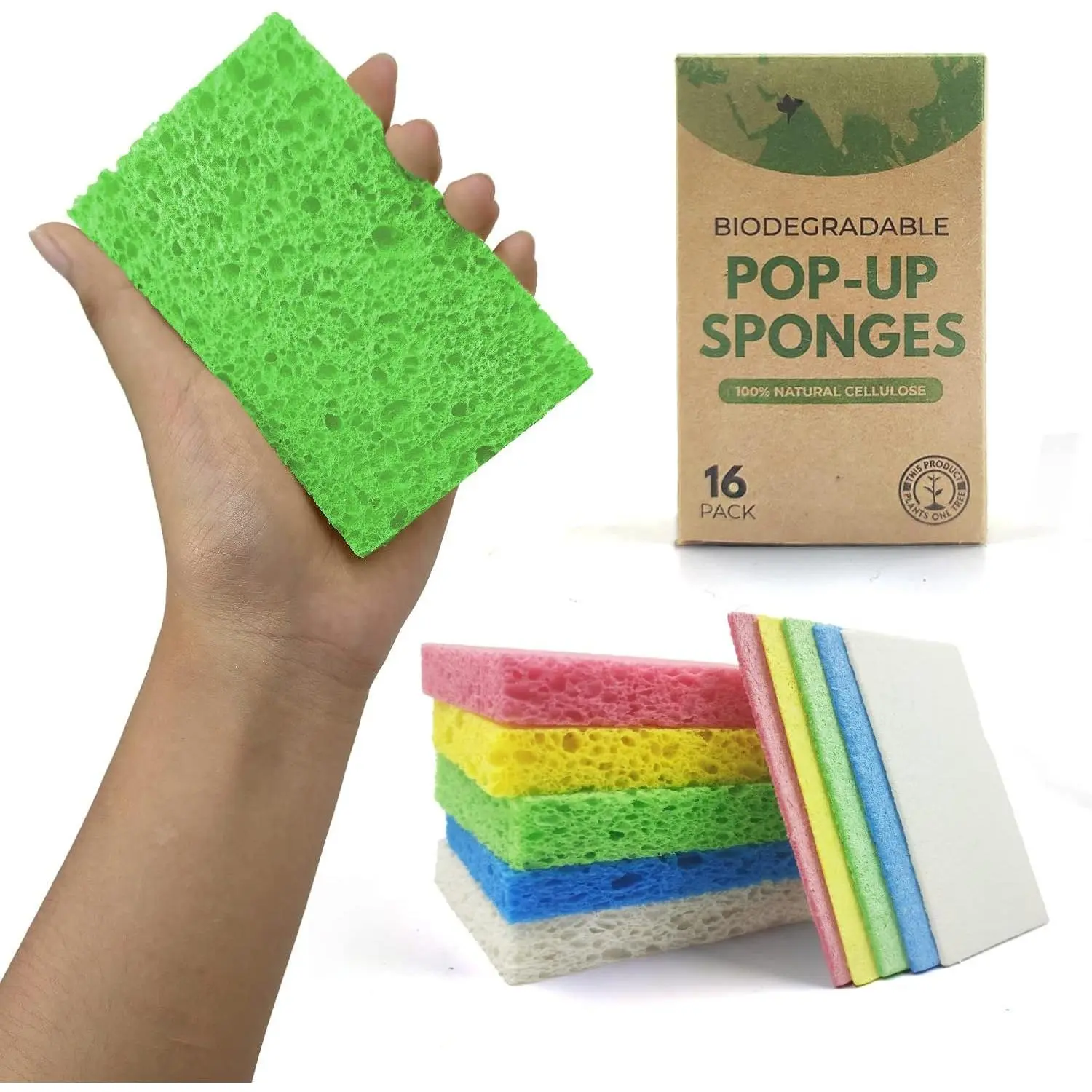 Compressed Cellulose Sponges - 16 Pack  Pop Up Dish Sponge for Kitchen - Compostable -Based Cleaning Sponges Bulk – Non Scratch  Sponge for Dishes & Household Cleaning