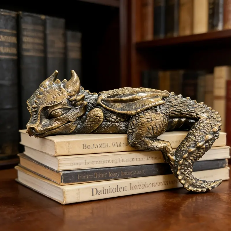 Sleeping Dragon Statue - Durable Resin Figurine, Bookshelf Decor, Shelf Decoration Gift for Book Lovers, Resin Dragon Sculpture Decorative Ornaments, Decorative Figurines