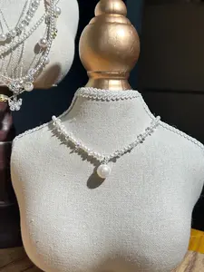 Adjustable Crystal Bead Chain Choker Necklace for Women, 14K White Gold Plated Copper Base Single Large Glass Faux Pearl Pendant, Tarnish Resistant Hypoallergenic Dainty Stackable Bridal Wedding Collarbone Jewelry