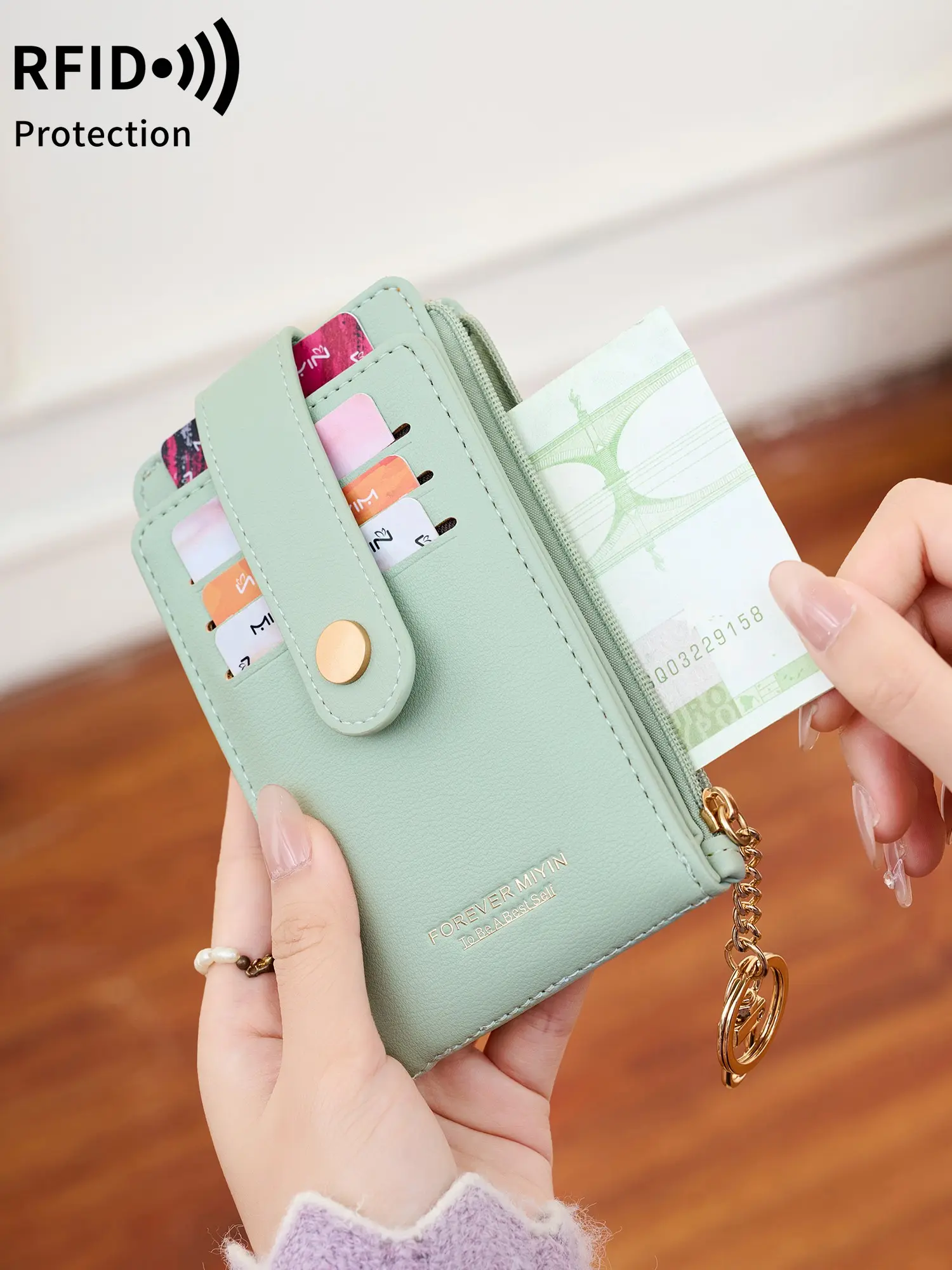 Ladies' Double Fold Wallet, Card Holder Wallet, RFID Anti-Theft Brush, Multifunctional Card Bag With Keychain, Multiple Card Slots, ID Card Window And Zipper Pocket, Minimalist Thin Card Bag Suitable For Daily Portable Use, Valentine's Day Gift