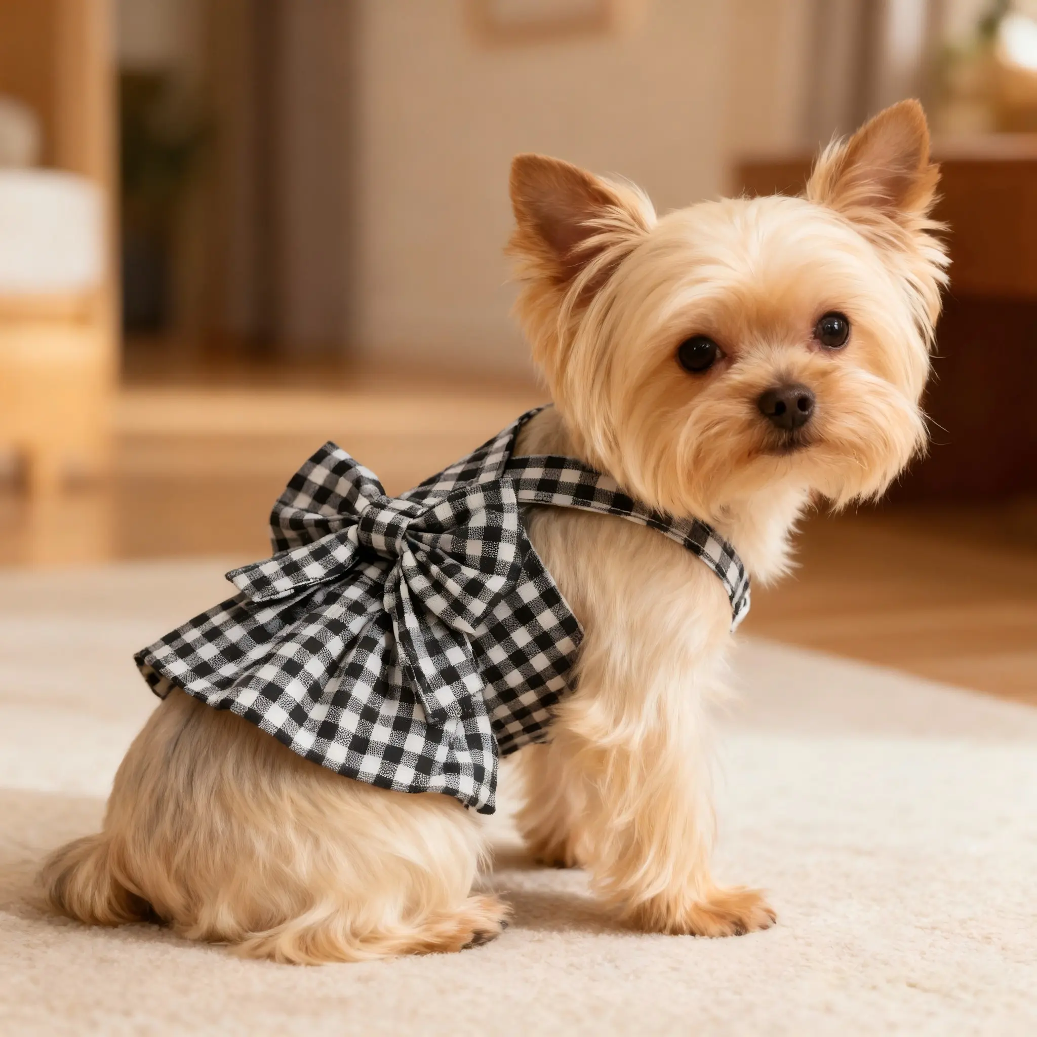 Korean Style Large Bow Plaid Dog Cat Harness Skirt, Teddy Pomeranian Small Dogs Cats Outdoor Walking Skirt, Fashionable Pet Apparel