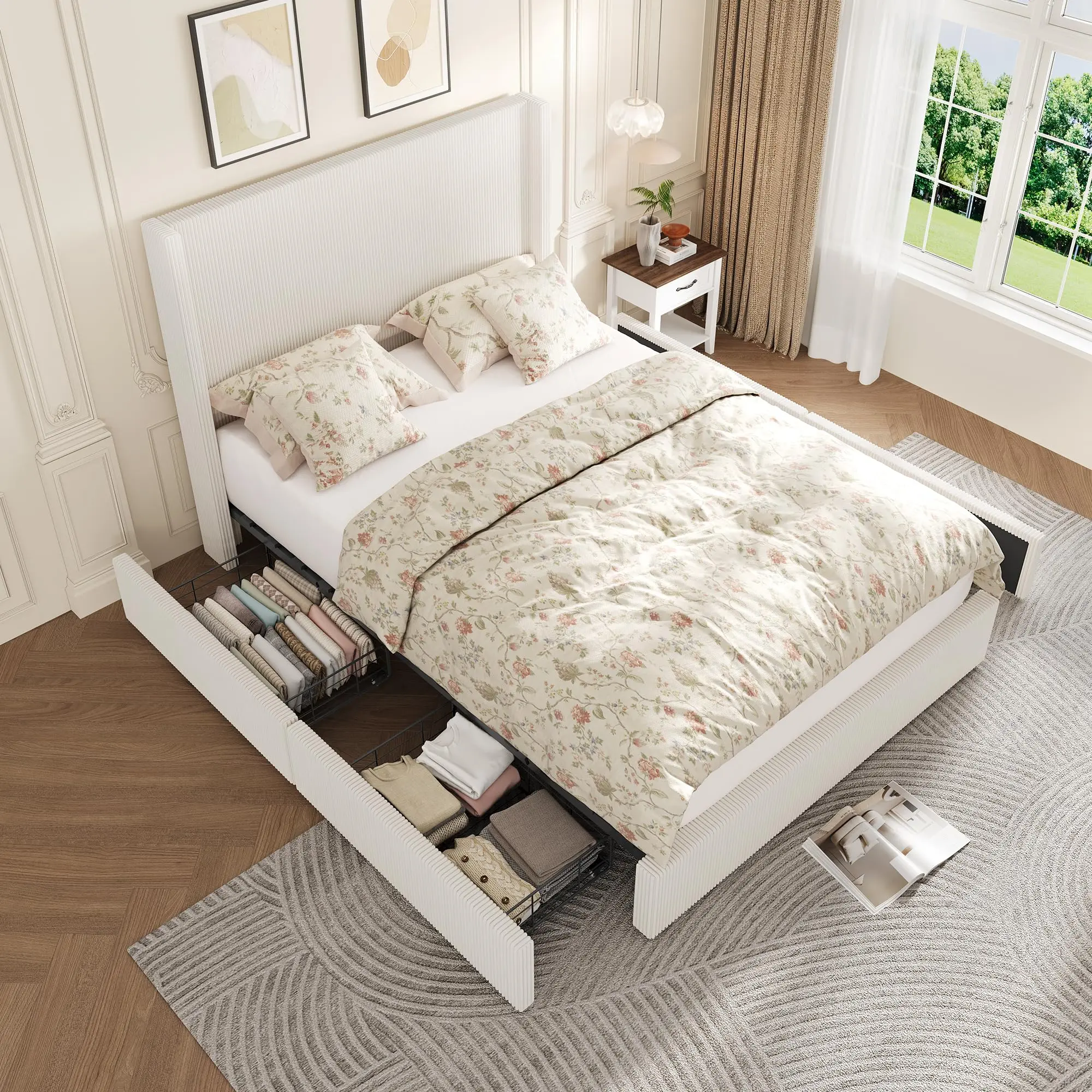 Upholstered Platform Bed with 4 Storage Drawers – Corduroy Wingback, Tufted Headboard & Footboard – Sturdy Wood Slats, No Box Spring – Queen/King – Beige/Grey