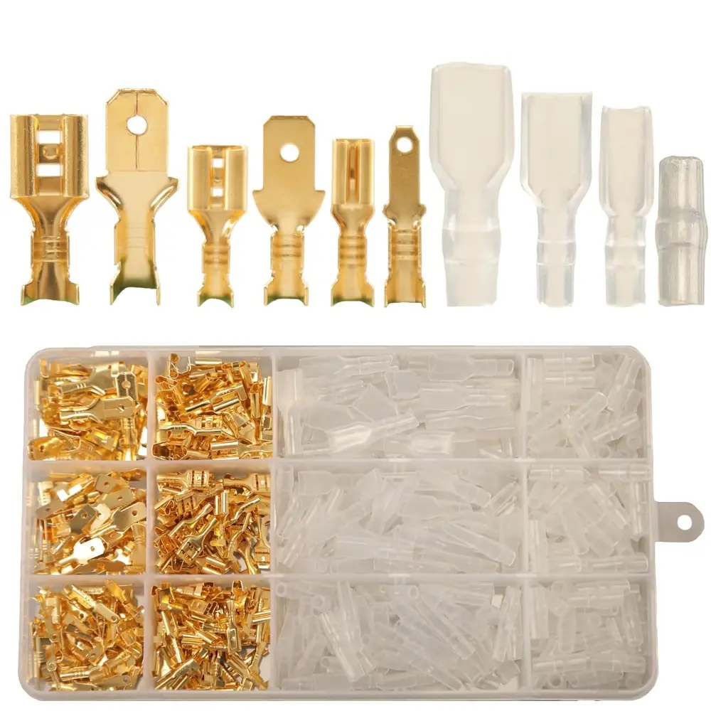 120/450Pcs 2.8/4.8/6.3mm Quick Splice Male and Female Wire Spade Connector Crimp Terminal & Bullet Connectors Terminals Crimp Block Kit Golden with Insulating Sleeve Wiring Car Speaker Cable Sleeve