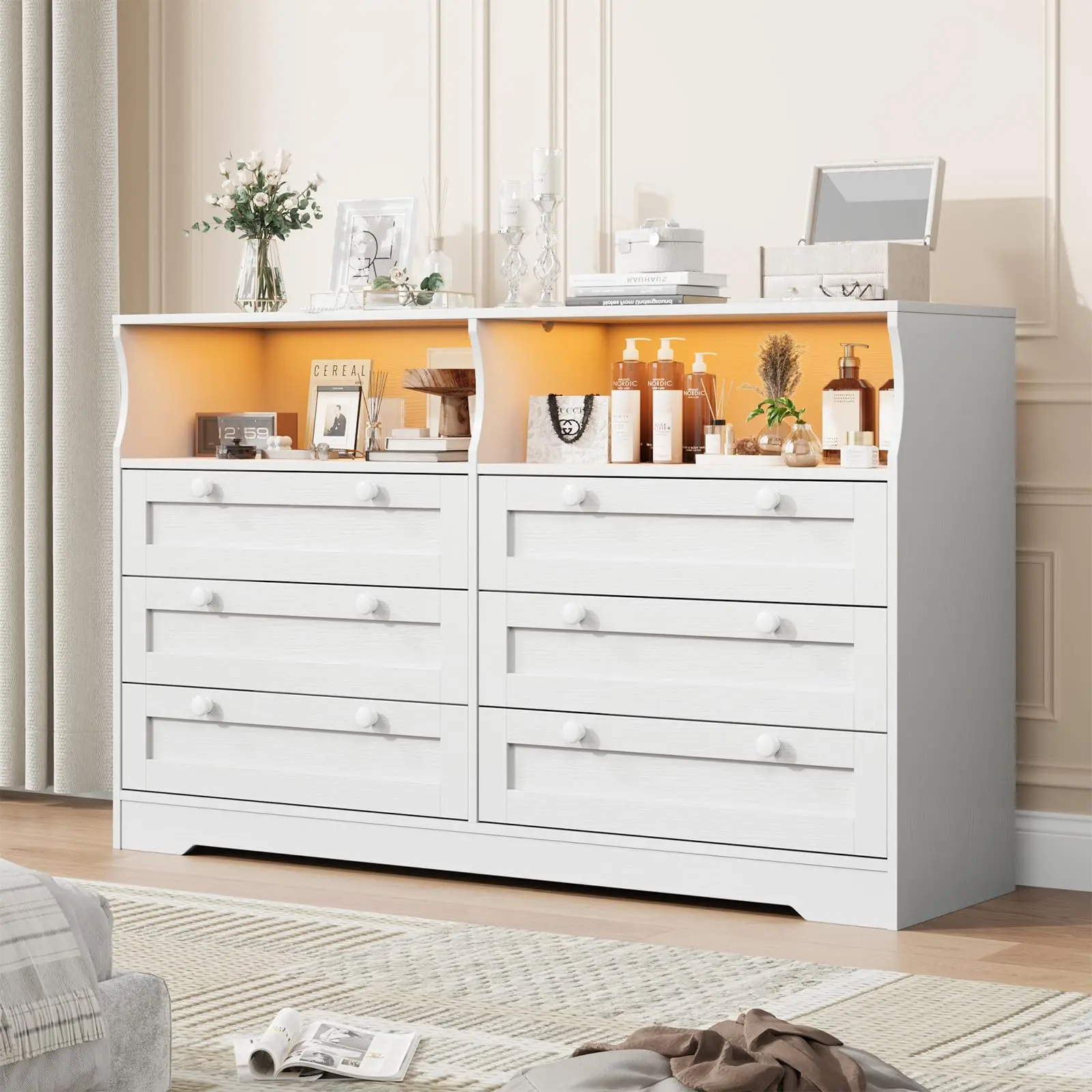Garvee White Wooden Dresser with 6 Drawers, Large Changing Table with Power Outlet and LED Lights, Modern 6-Drawer Wooden Changing Table, 55-Inch Wide