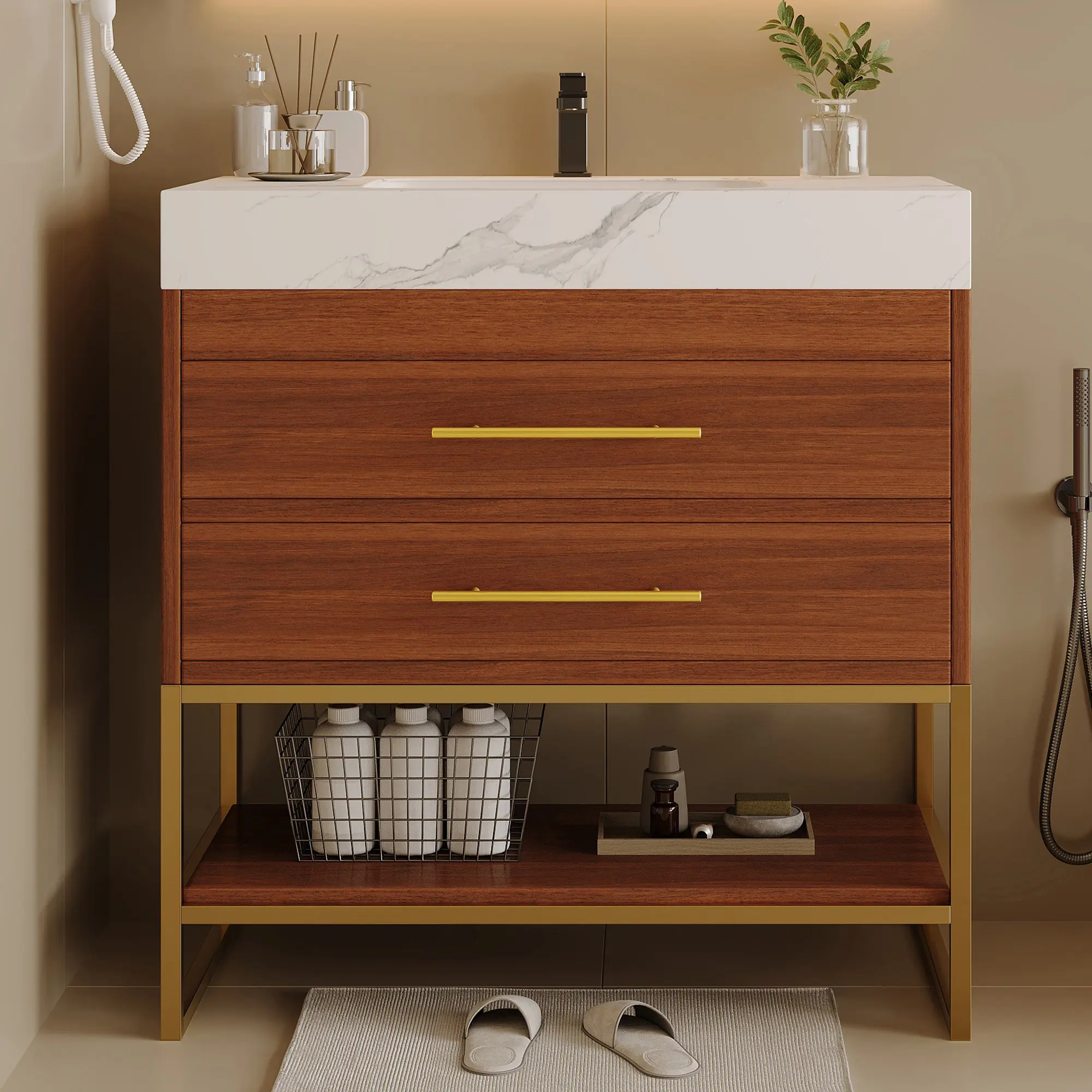 Nokaa 29.9-in Freestanding Vanity with Sintered Stone Top, Ceramic Undermount Sink, Soft-Close Drawers, Open Bottom Shelf, Carbon Steel Legs, for Small Bathrooms, Apartments