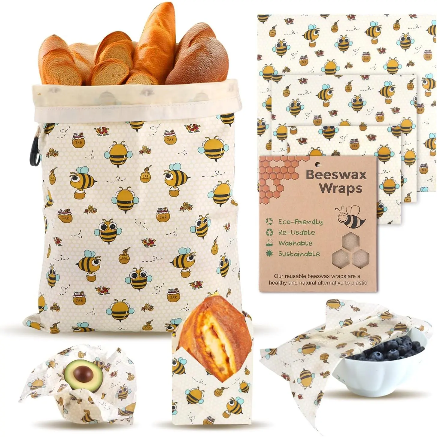 1 Large Beeswax Bread Bags for Homemade Bread Sourdough & 3 Beeswax Wraps, Easy to Clean  Beeswax Breads Bags for Sourdough, 17 X 13 Inch Charming Honeybee   Storage Bag