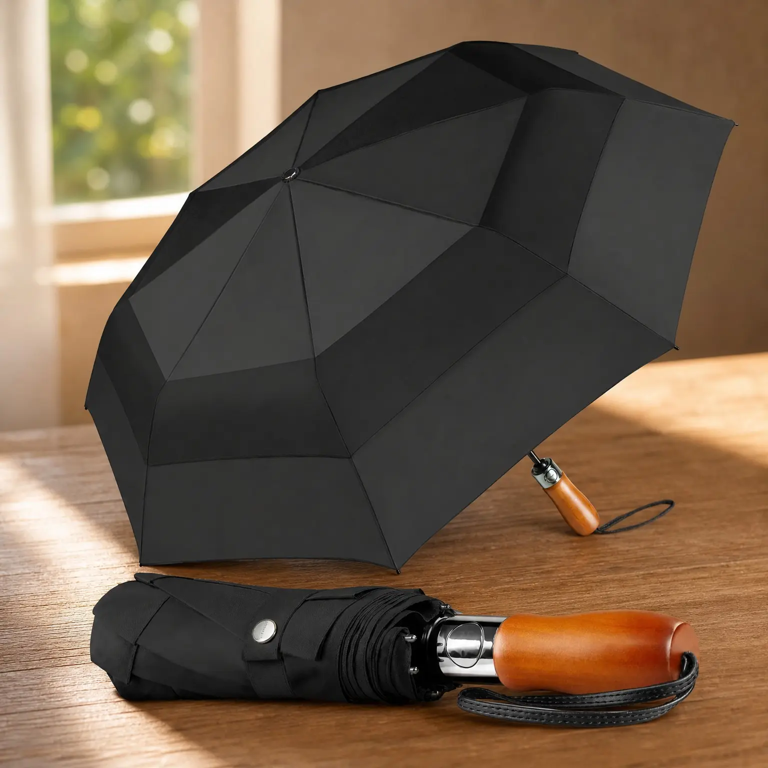54 Inch Large Folding Golf Umbrella - Windproof Vented Double Canopy, Automatic One-Touch Open Close, Wood Handle, Waterproof 210T, Portable for Men Women Travel & RainGift