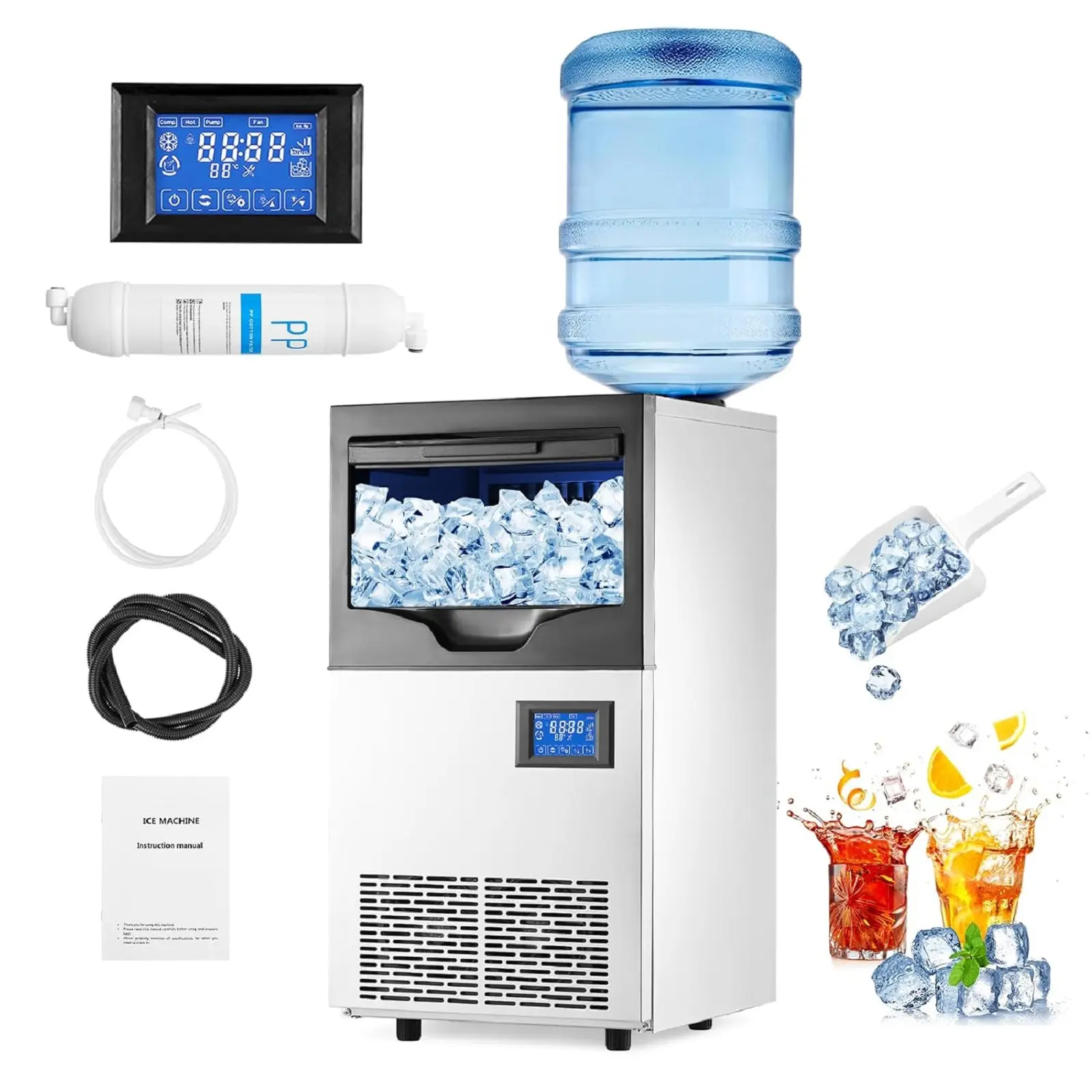 Commercial Ice Maker, 100Lbs/24H Stainless Steel Ice Machine with 30Lbs Storage, Freestanding Large Capacity Ice Maker for School, Office, Bar, Restaurant, Home Kitchen