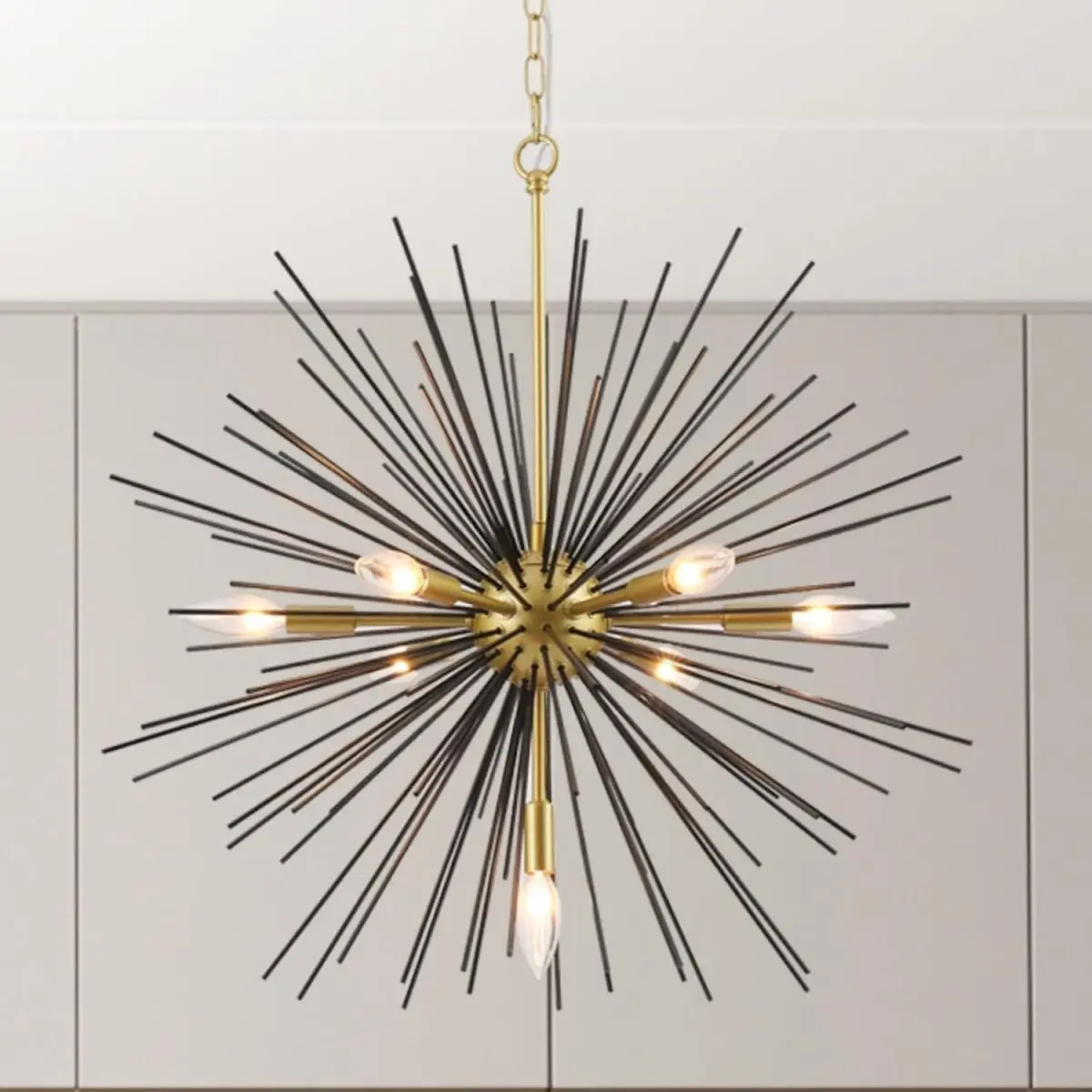 Sputnik Chandelier, 7 Lights Satellite Pendant Light fixtures, 25.6'' Modern Starburst Firework Metal Ceiling Light for Dining Room, Bedroom, Kitchen, Hallway, Entryway, Black and Gold, E12