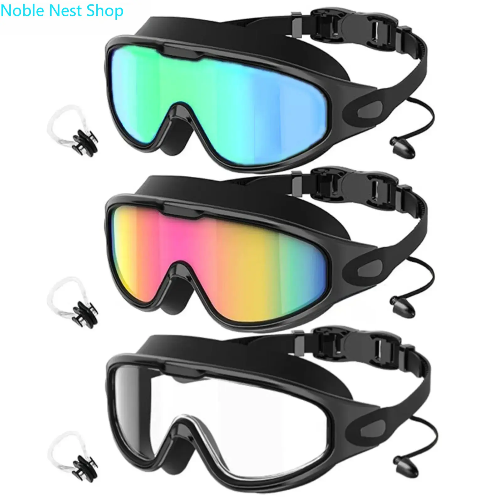 3 Pack Unisex Adult Swimming Goggles, UV400 Anti-Fog 180° Wide Vision Leak-Proof Glasses with Ear Plugs, Premium Accessory for Pool & All Water Sports