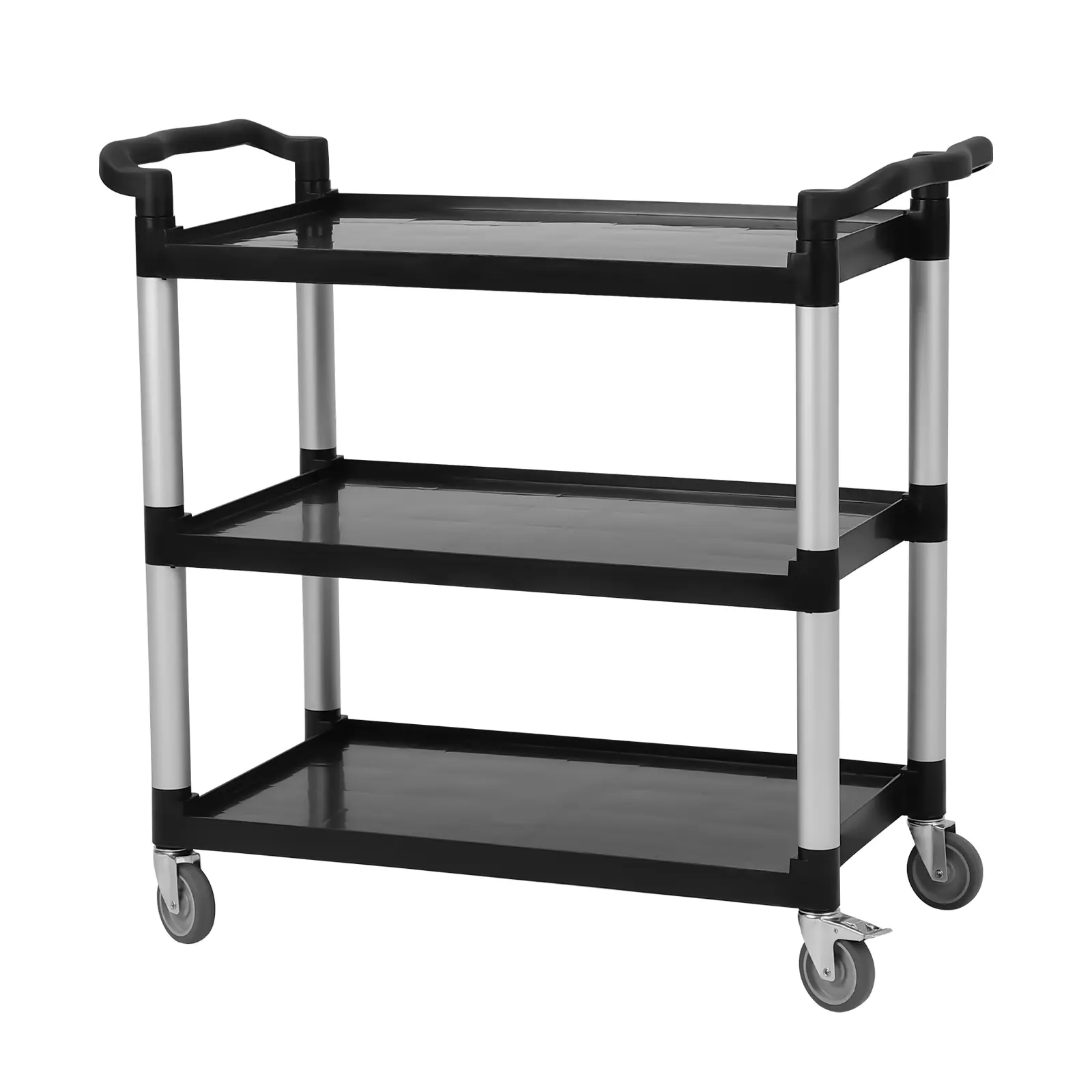 Heavy Duty 3-Tier Rolling Utility Cart with 360 LBS Total Capacity, Multi-Purpose Mobile Storage Push Trolley Equipped with Lockable Casters, Sturdy Service Cart for Office, Commercial Cleaning and Foodservice, Available in Black & Grey