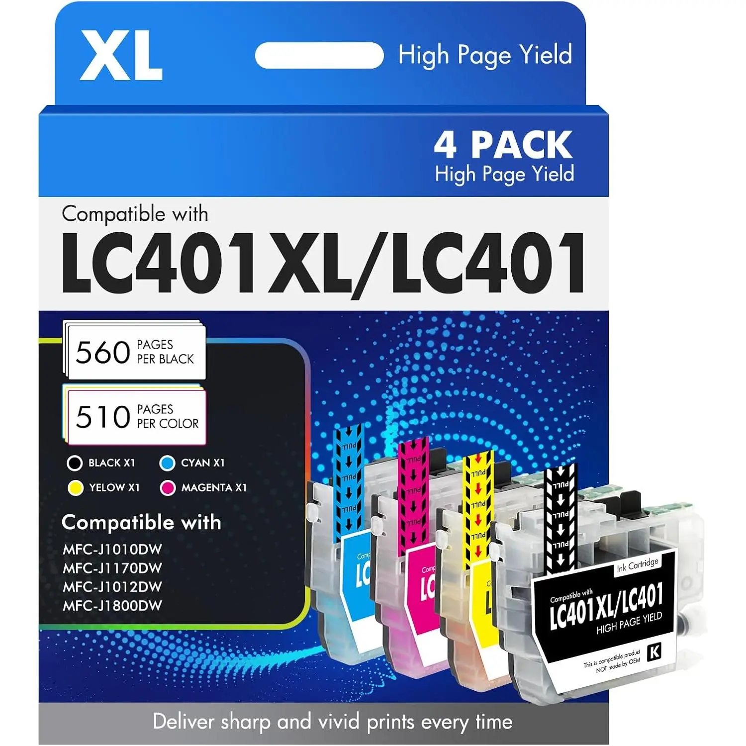 LC401XL LC401 MFC-J1010DW Ink Cartridges for  Printer MFC J101DW | Compatible for  LC401 401XL MFC-J1010DW MFC-J1170DW MFC-J1012DW MFC-J1800DW J1010DW - 4 Pack Black Cyan Magenta Yellow