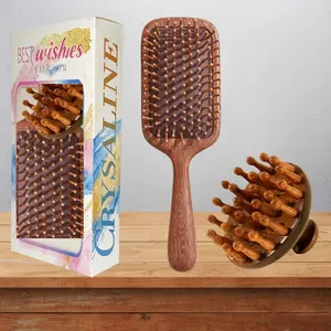 Tianmu Comb Two-Piece Set Box, 28 Teeth Round Brush + Large Air Cushion Massage Comb, Scalp Therapy, Full Body Meridian Relief Wood Comb