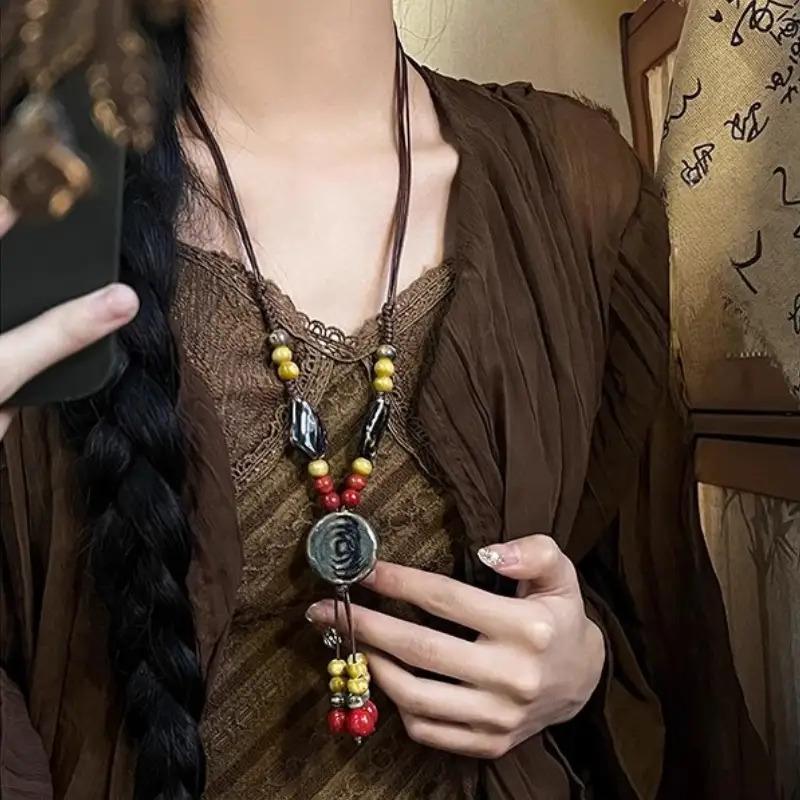 Vintage Tribal Adjustable Disc Ceramic Bead Necklace Handmade High Temperature Kiln Fired Irregular Bohemian Ethnic Sweater Chain For Women Daily Vacation Wear