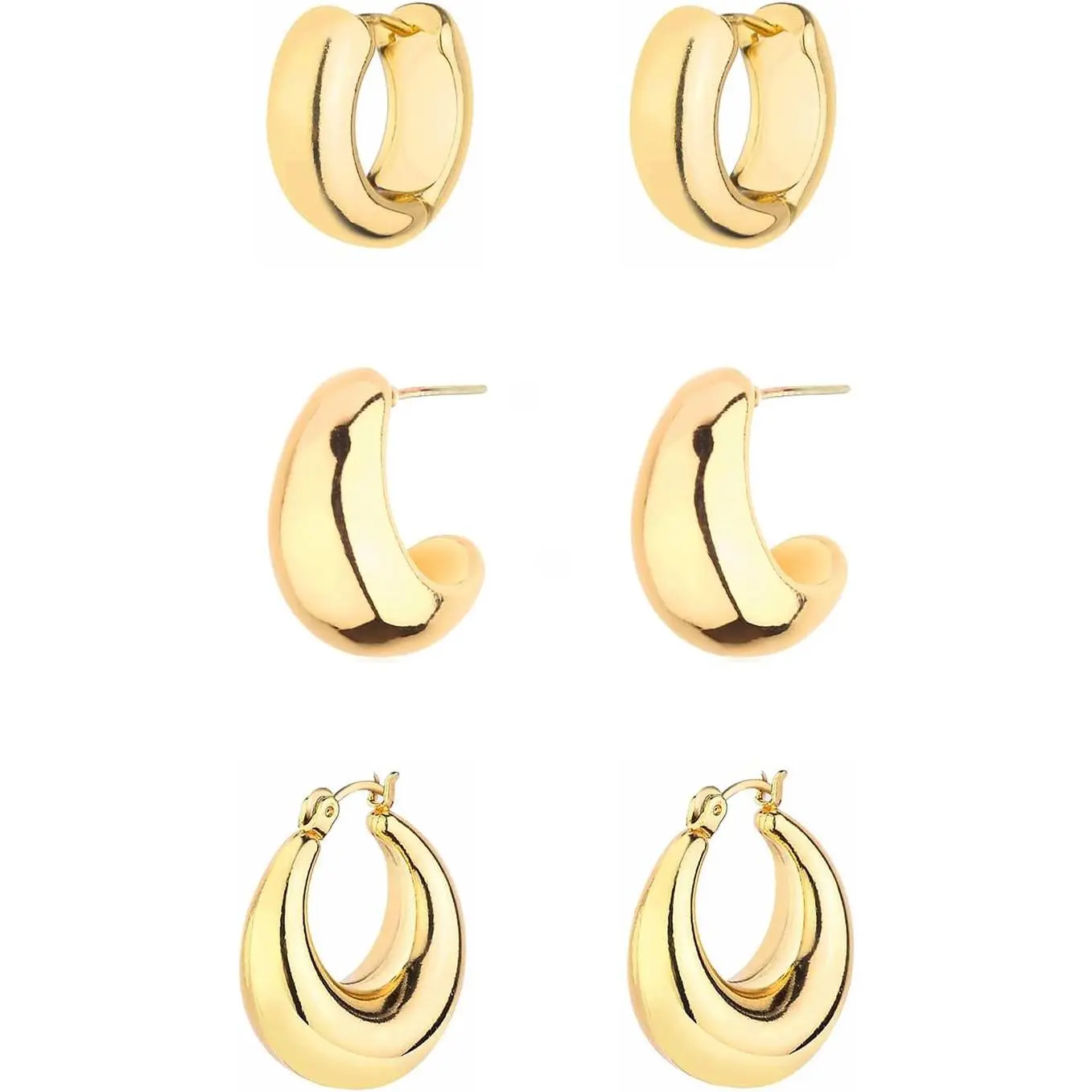 Gold Chunky Hoop Earrings Set for Women, 14K Gold Plated Twisted Huggie Hoop Earring Hypoallergenic, Thick Open Hoops Set Lightweight
