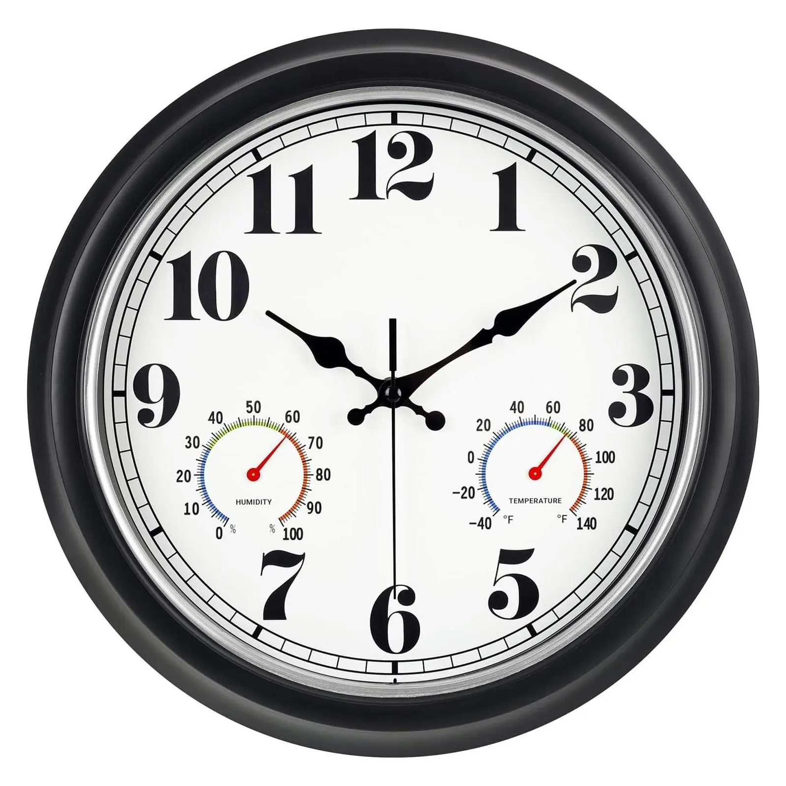 13-Inch Vintage Outdoor Wall Clock with Thermometer and Hygrometer, Waterproof, Large Numbers, Silent, for Indoor and Outside Use, Porch, Garden, Pool (Black Frame with Silver Trim)Gift