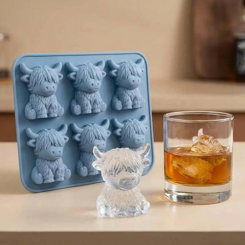 2PC 3D Highland Cow Ice Cube Tray,  Silicone Fun Shapes Ice Cube Mold for Whiskey,Cocktails, Bourbon, Cute Highland Cow Gifts for Holiday Stocking Stuffers