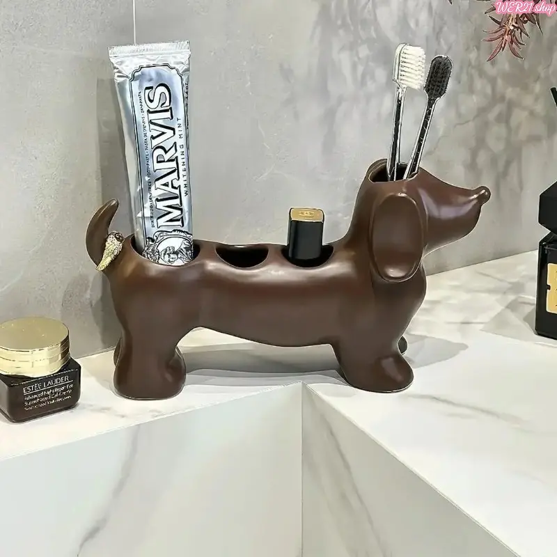 Cute Sausage Dog PLA 3D Printed Toothbrush Holder, Creative Bathroom Countertop Organizer for Toothbrush & Toothpaste, Stylish Household Vanity Storage Accessory