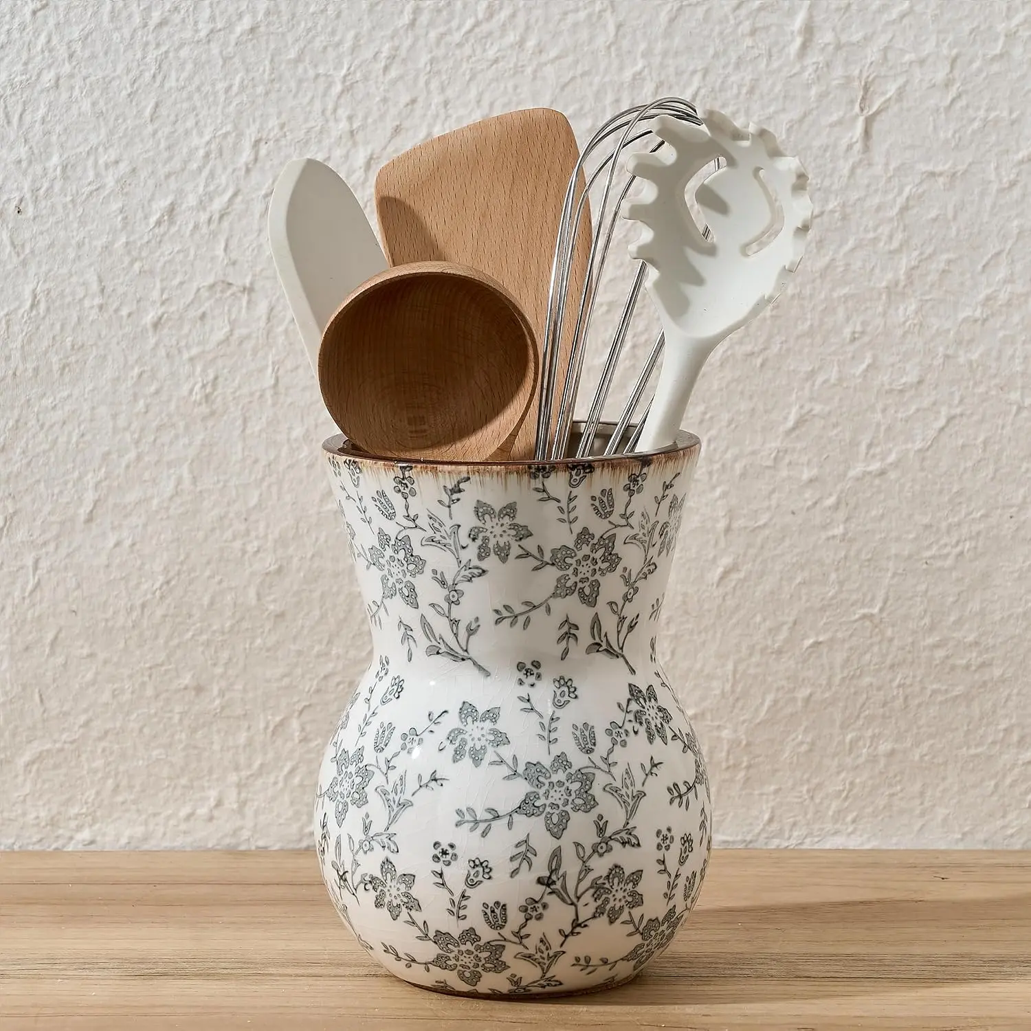 Kitchen Utensil Holder, 7.56" Ceramic Large Rustic Utensil Crock for Countertop,  Cooking Tool Organizer, Spatula Holder For Kitchen Decor, Gray Floral