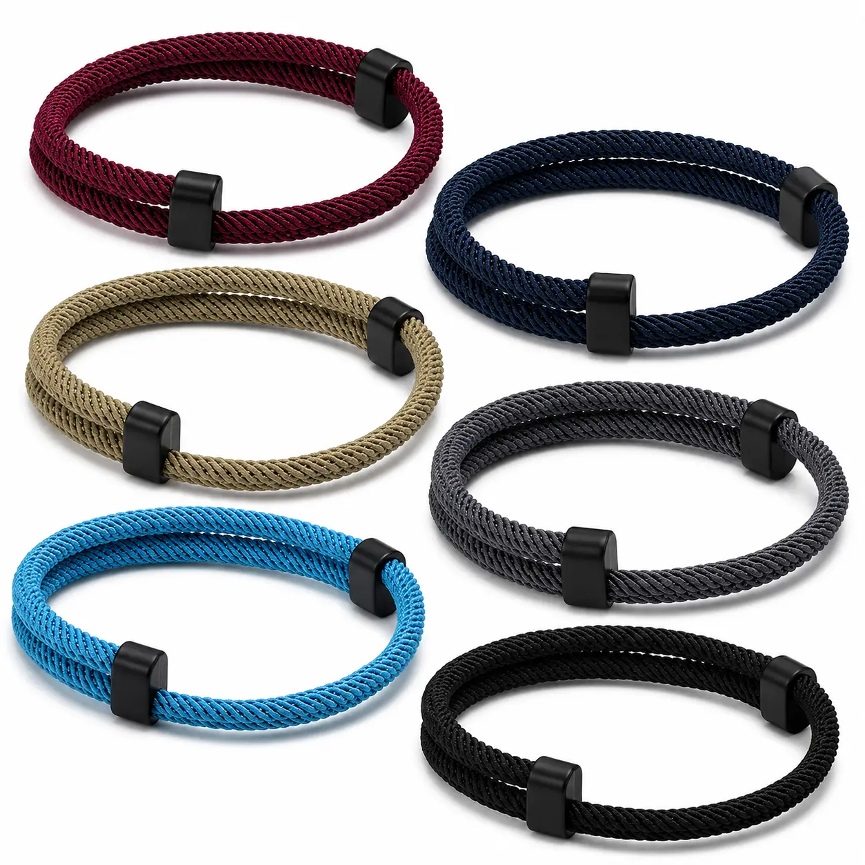 6-Pack Adjustable Braided Rope Bracelet Set, Nylon Double-Strand Twisted Cord with Zinc Alloy Sliding Clasps, Minimalist Unisex Style for Men and Women
