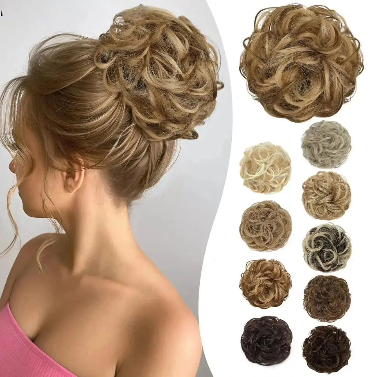 Iridescent Synthetic Messy Bun Hair Piece, Curly Wavy Scrunchie Hair Extension for Women – Fluffy Tousled Chignon Ponytail Updo Hair Bun Hairpiece with Elastic Band, Boho Voluminous Hair Bun Scrunchie for Instant Hairstyle Volume, Daily Fashion, Sports &