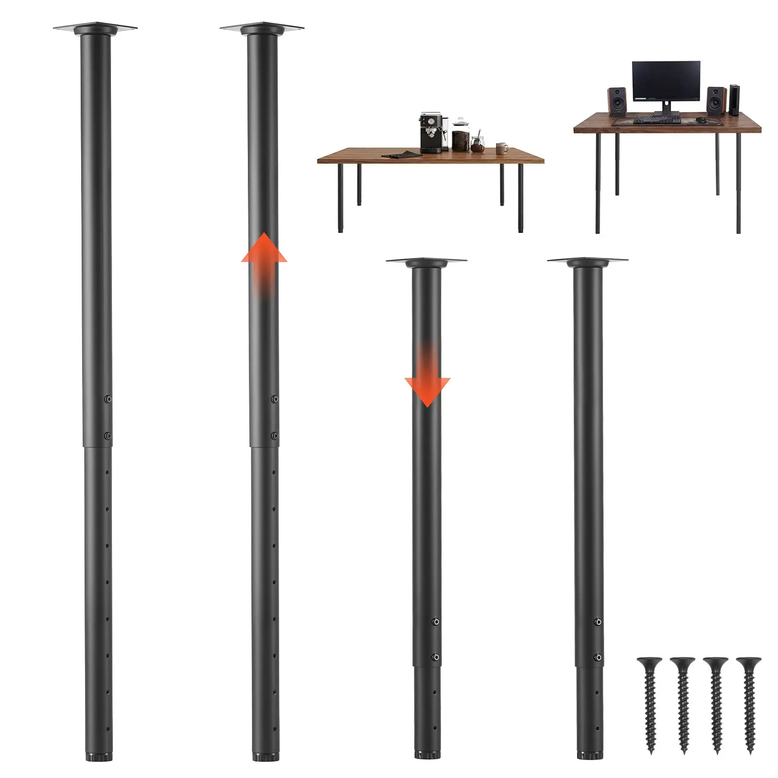 VEVOR 4 PCS Black Adjustable Round Steel Desk Legs, 24-40 in Heavy-Duty with Leveling Feet & Screws, 1200 lbs Max Load, Quick-Install for DIY Users, Home Office Workbenches, Coffee Tables