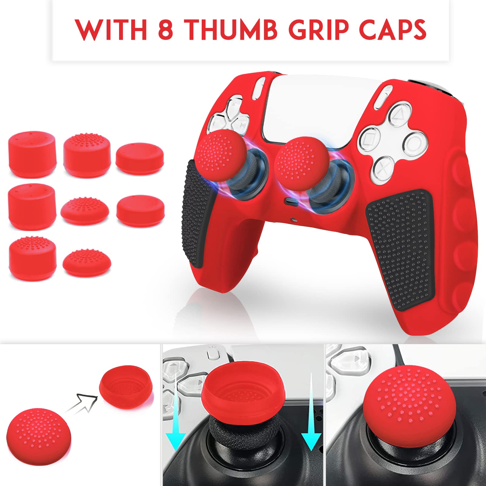 Game Controller Non-slip Protective Case with 8 Thumb Grip Cap, Silicone Soft Shell Game Controller Protective Cover, Console Accessories for PS5 Tech Accessories