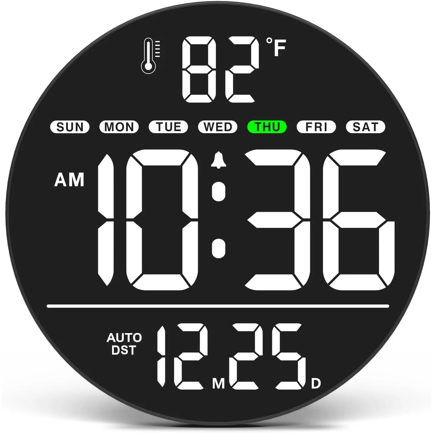 Large Digital Wall Clock with LED Display, Electric Wall Clock with Temperature, Auto DST, Date, and Day, 5-Level Brightness for Office, Bedroom, Living Room, Classroom Decor