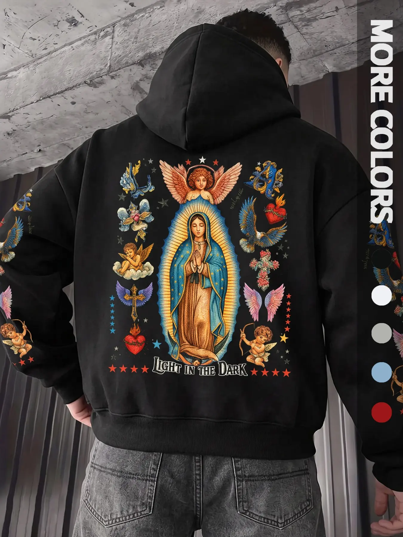 Unisex Oversized Pullover Hoodie, Our Lady of Guadalupe Virgin Mary Angel Eagle Sacred Heart Cross "Light in the Dark" Back & Sleeve Print Graphic Hooded Sweatshirt, Multiple Colors Available, unisex clothing, ropa de hombre, uomo, boyfriend gifts, mens f