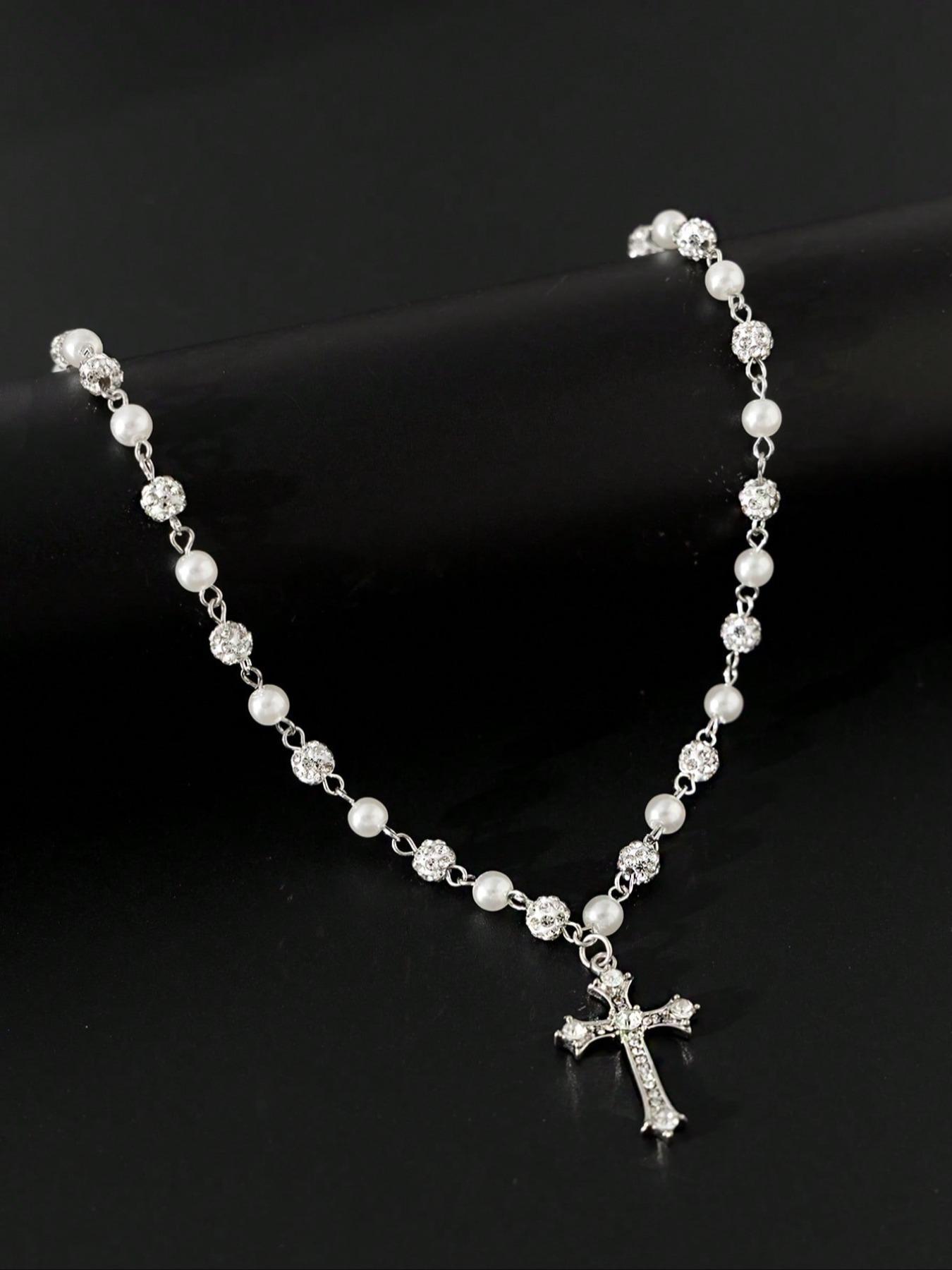 Vintage-Style Faux Pearl Necklace with Rhinestone Cross Pendant, Men's Hip Hop Punk Jewelry, Bling Faux Pearl Chain Necklace, Trendy Necklace Vintage-Style Faux Pearl Necklace with Rhinestone Cross Pendant, Men's Hip Hop Punk Jewelry, Bling Faux Pearl Chain Necklace, Trendy Necklace