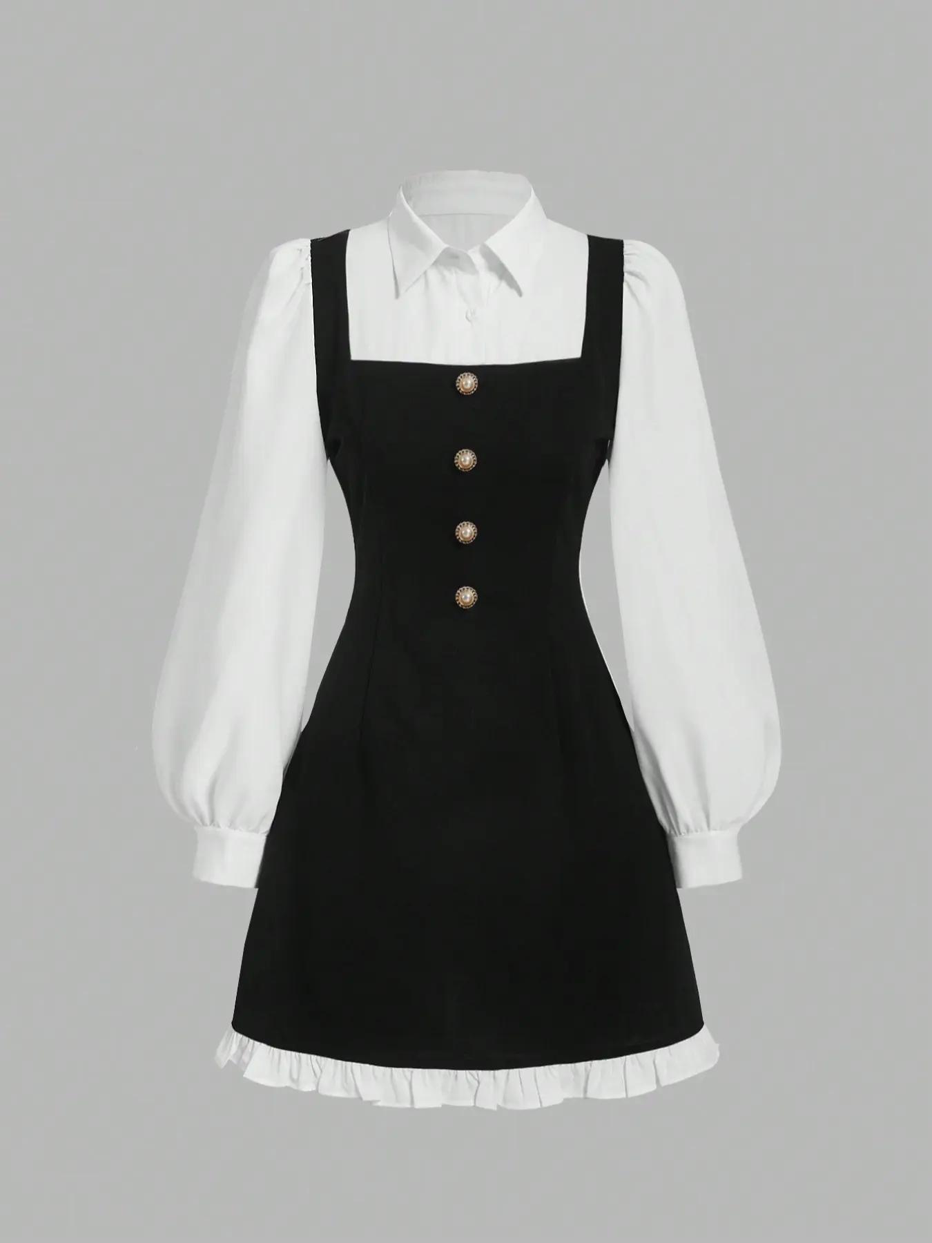 Women's Button Decoration A-line Dress, Casual Bishop Sleeve Dress for Daily Wear, Ladies Clothes for All Seasons, Fitted