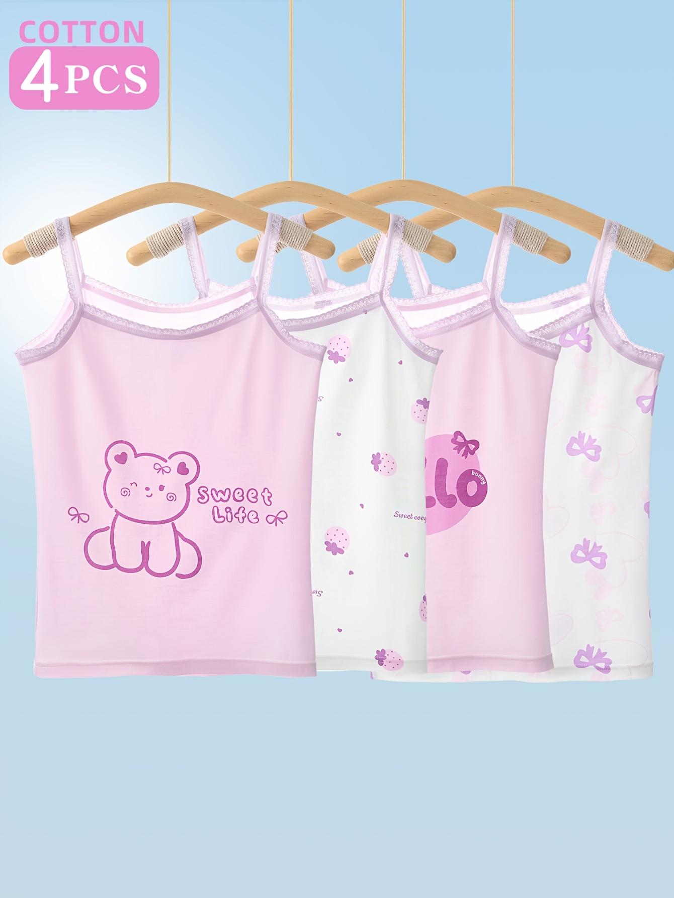 [4pcs Cotton Tank Tops] 4pcs Cotton & Polyester Girls' Tank Tops |             Cartoon Patterns, Medium Stretch, Knit, Regular Fit, with Contrast Lace Detail |             Casual & Wear, All-Season Vest Tanks Ages 12 and Under,-Resistant