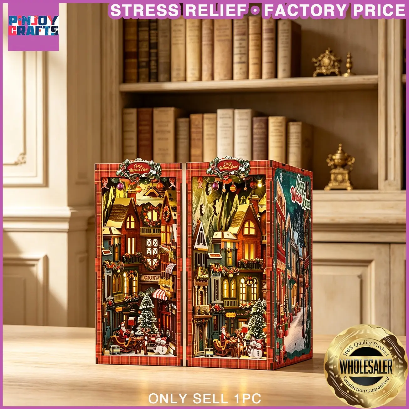 Christmas Street Corner Miniature Bookshelf Set, 3D Wooden Puzzle Bookshelf Decor, Creative Gift for Teens and Adults, Birthday and Christmas