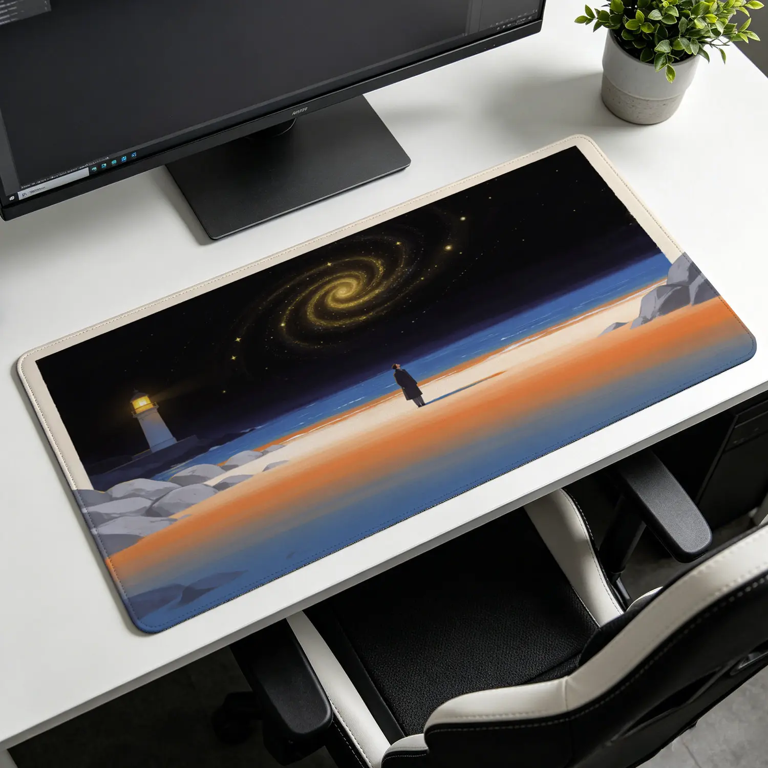Rectangular Landscape Art Mouse Pad, Extra Large Galaxy Print Starry Night Lighthouse Design, 27.5x11.8in (70x30cm), Rubber Base, Lock Edge, Washable, Non-Slip, Premium for Gaming & Office, Unisex Desktop Protection Decoration Gift