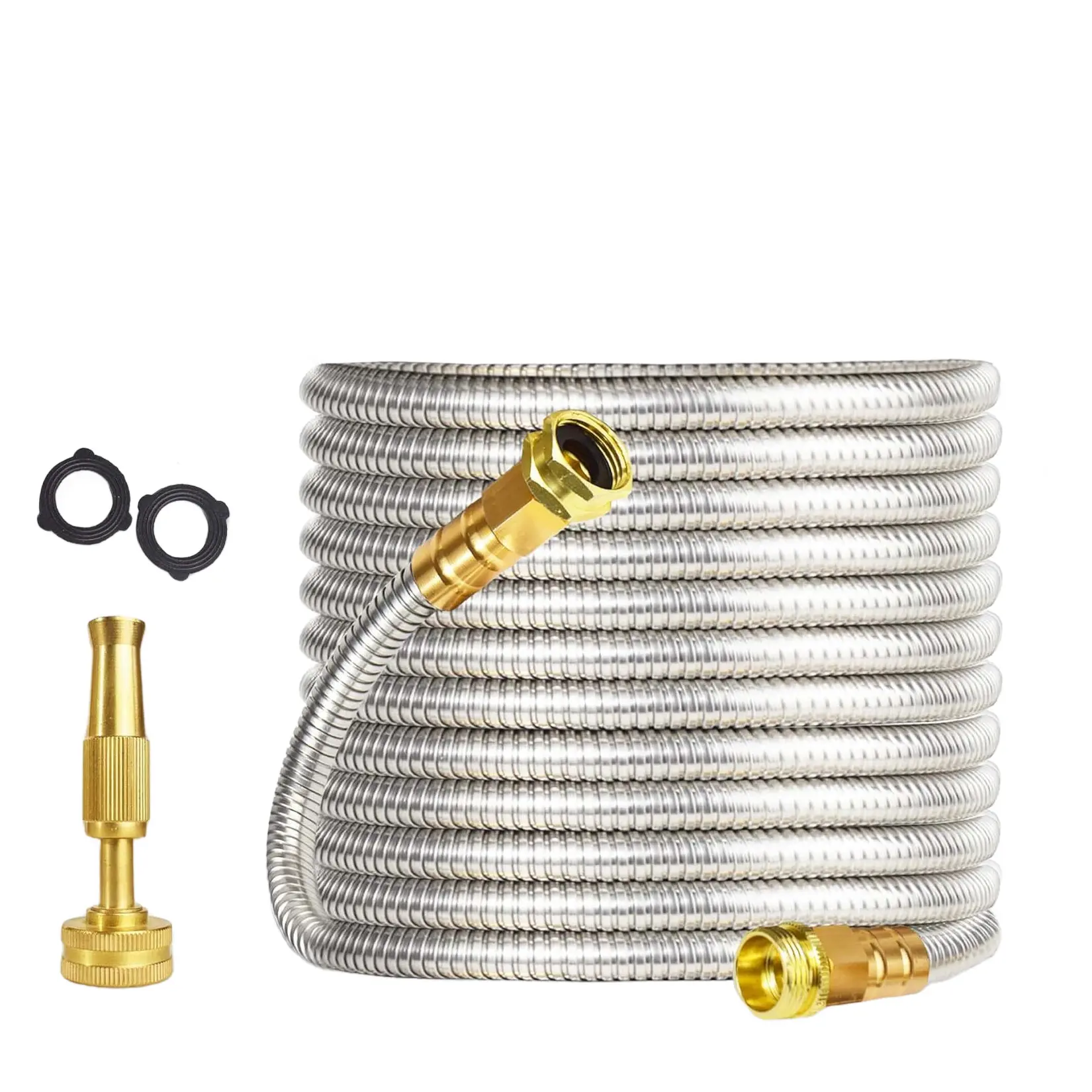 25-100FT Stainless Steel Garden Hose, Flexible Kink-Proof Metal Water Hose, Adjustable Brass Nozzle, Leakproof All-Weather Outdoor Hose
