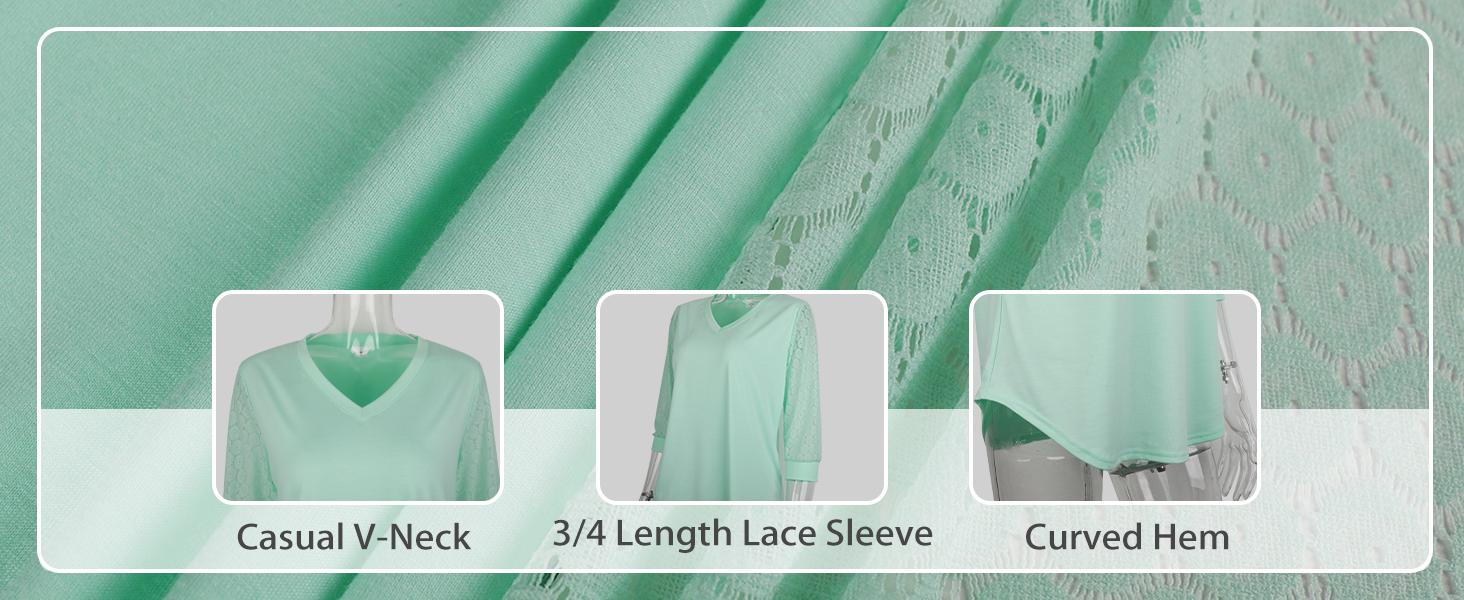WIHOLL 3/4 Length Sleeve Womens Tops V-Neck Lace Tunic Tops Business Casual Blouses 2025 SpringStatements