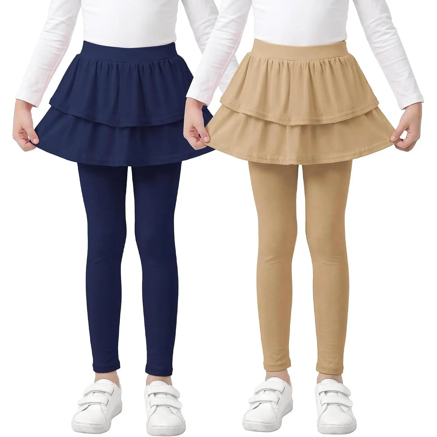 2 Pack Girls' Leggings with Skirts - Stretch Warm Uniform Pants for Ages 4-14 YearsGift