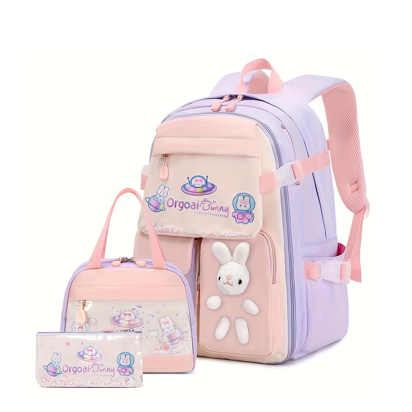 (New)Cute Rabbit Girls Backpack Three-Piece Set: Includes Handbag and Pencil Case, Lightweight Nylon Material, Adjustable Straps