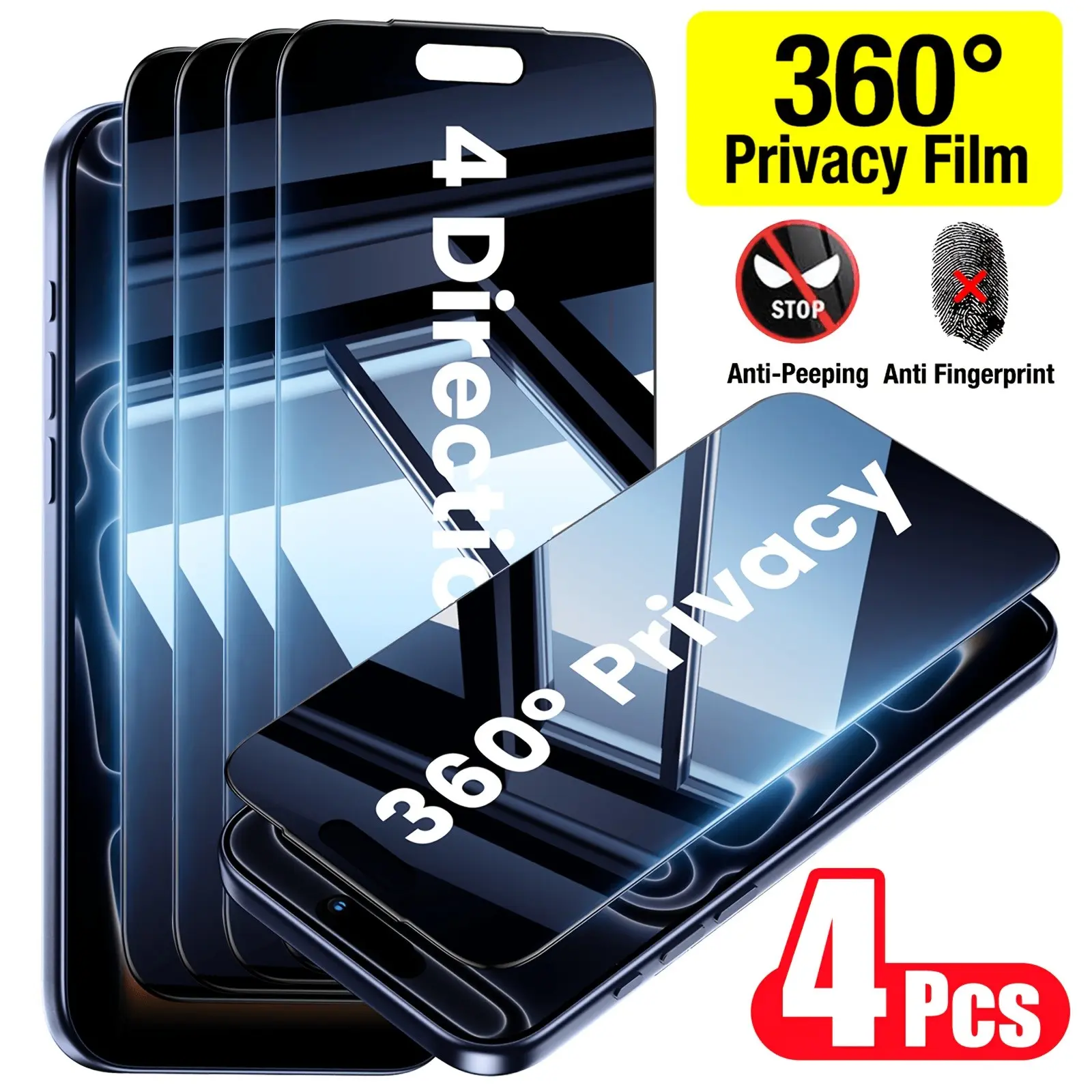 4-Pack 360° Privacy Screen Protector, Screen Protective Film, Ar Reflection, Full Coverage, Compatible with iPhone 17 Pro Max/16/15/14/13/12/11, Face ID Friendly