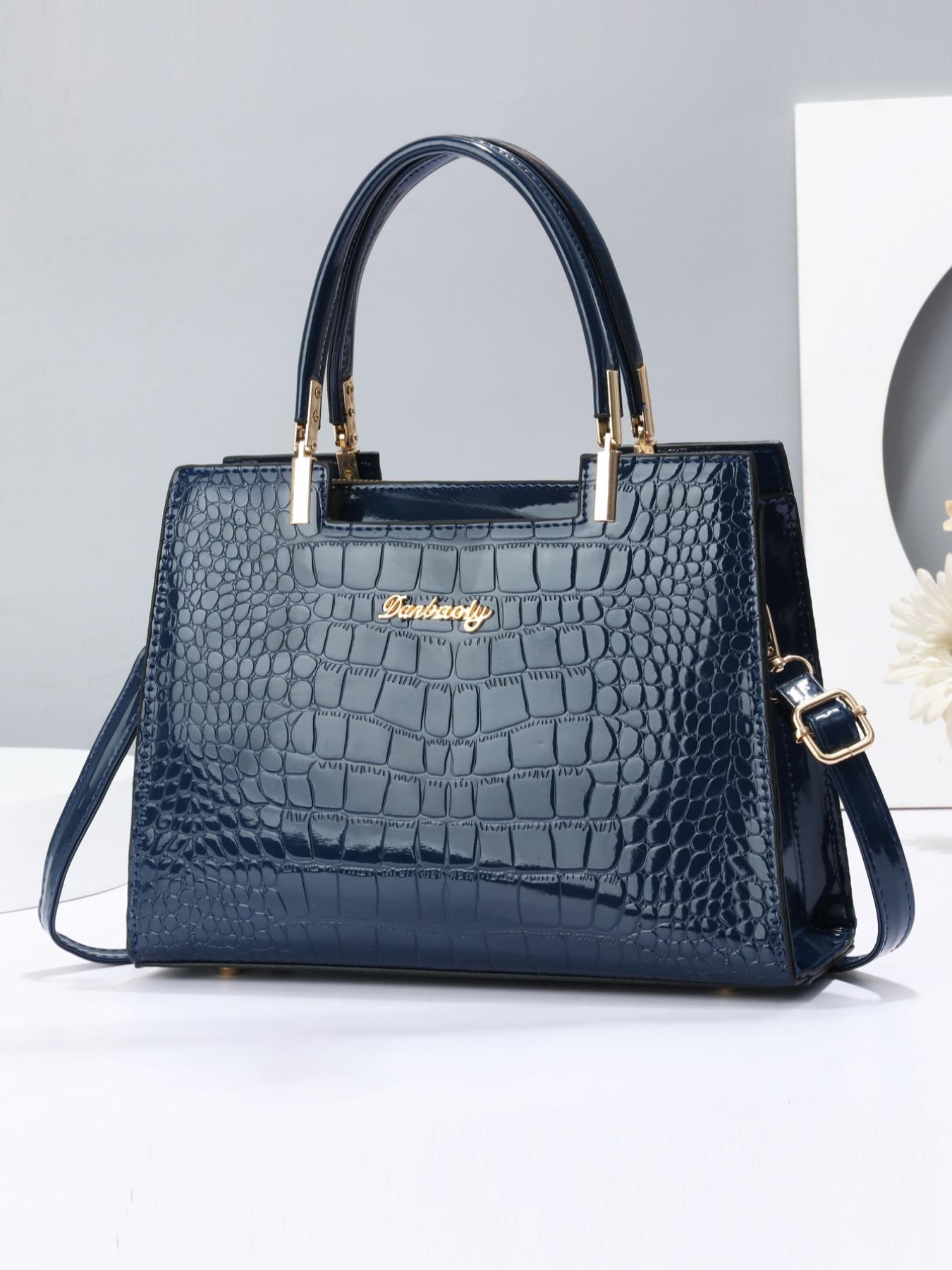 Women's PU Crocodile Embossed Square Handbag As Gift, Fashion Letter Label Classic Tote Bag for Work & Office, Elegant Matching Crossbody Bag As Gift for Wife