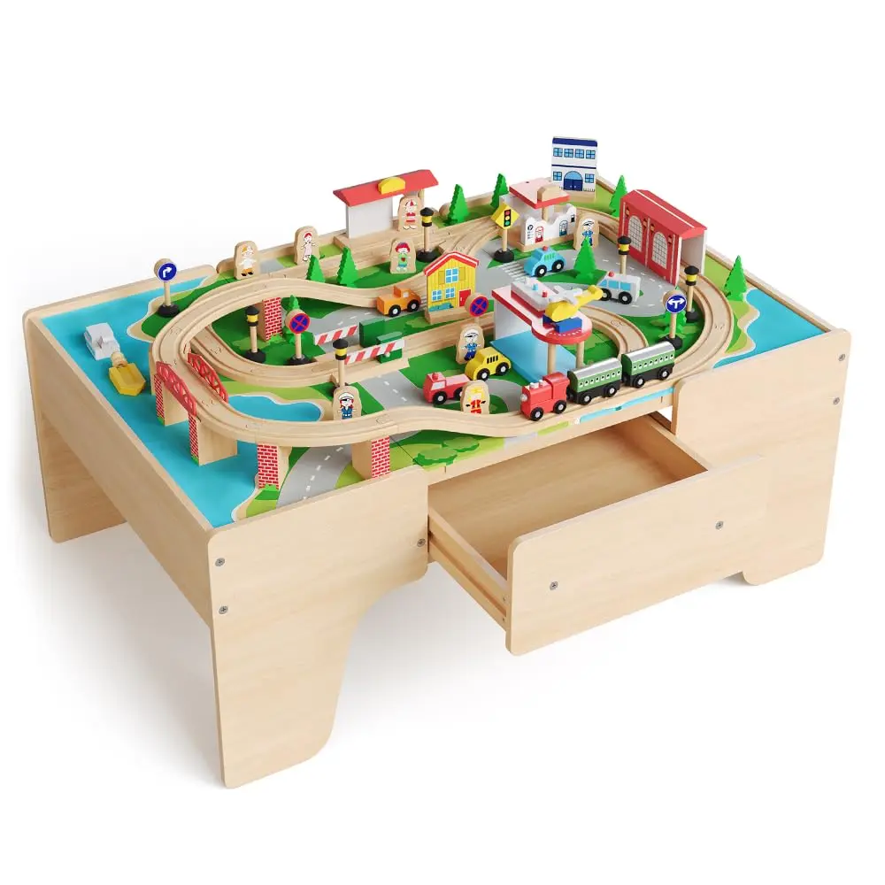 84Piece Train Table, Multipurpose Wooden Toy Activity Playset for Children w/Tracks and Drawer, Reversible Top - Natural