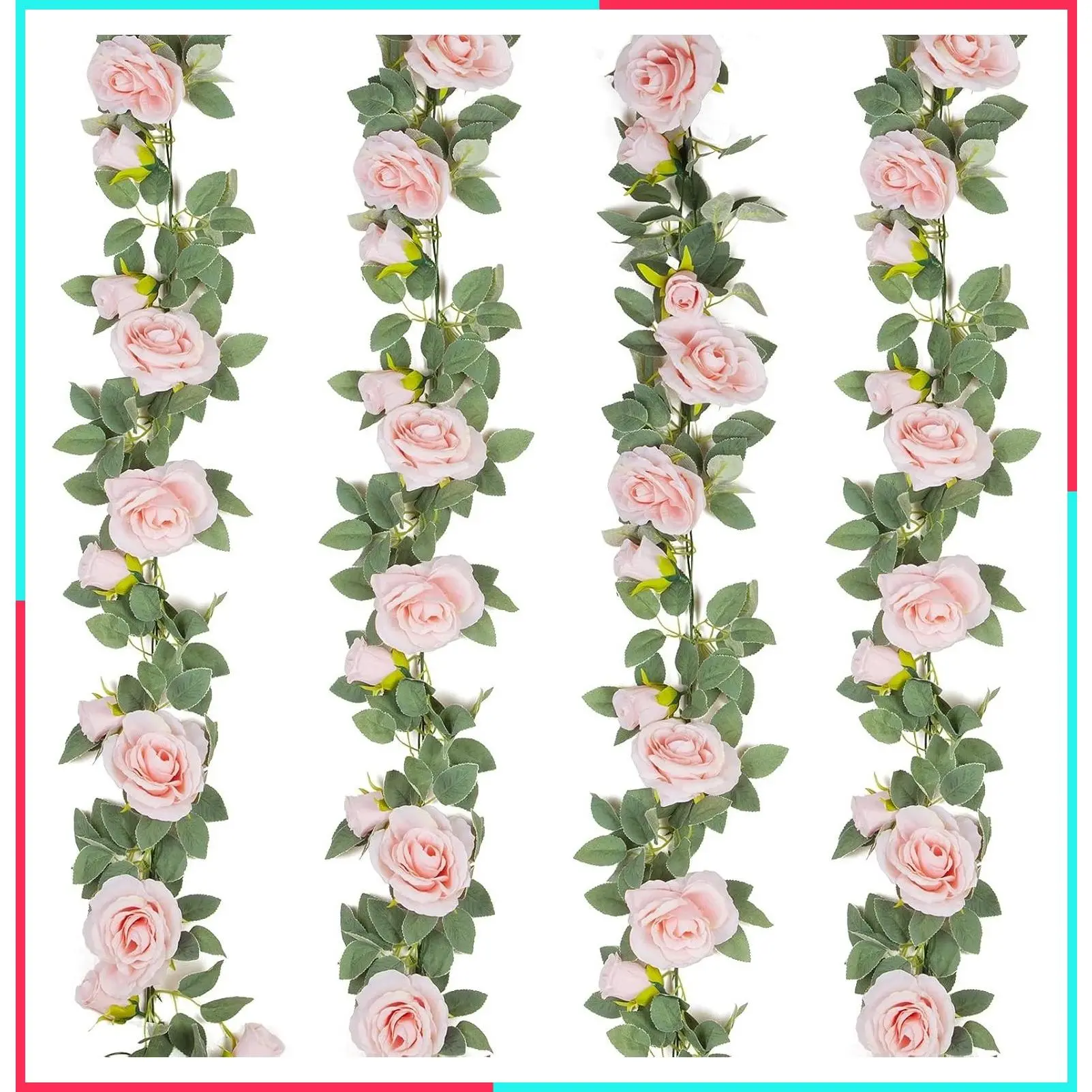 4Pcs 26 FT Artificial Rose Vine Garland Fake Silk Rose Hanging Vine for Wedding Party Arch Garden Background Decoration Pink