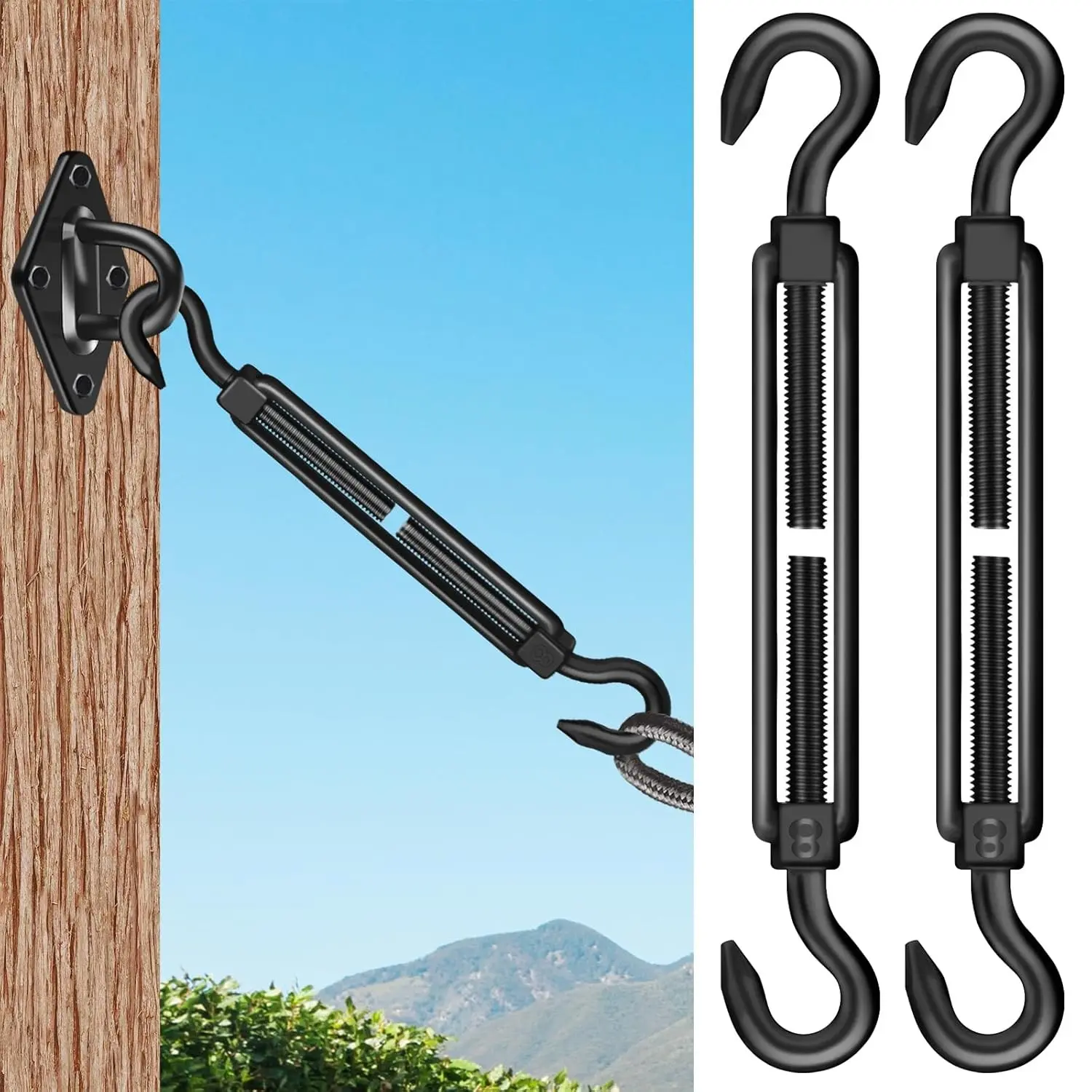 2PCS M8 Hook & Hook Turnbuckle 304 Stainless Steel,Black Heavy Duty Turnbuckle for Wire Rope Tension,Sun Shade Tent Hardware