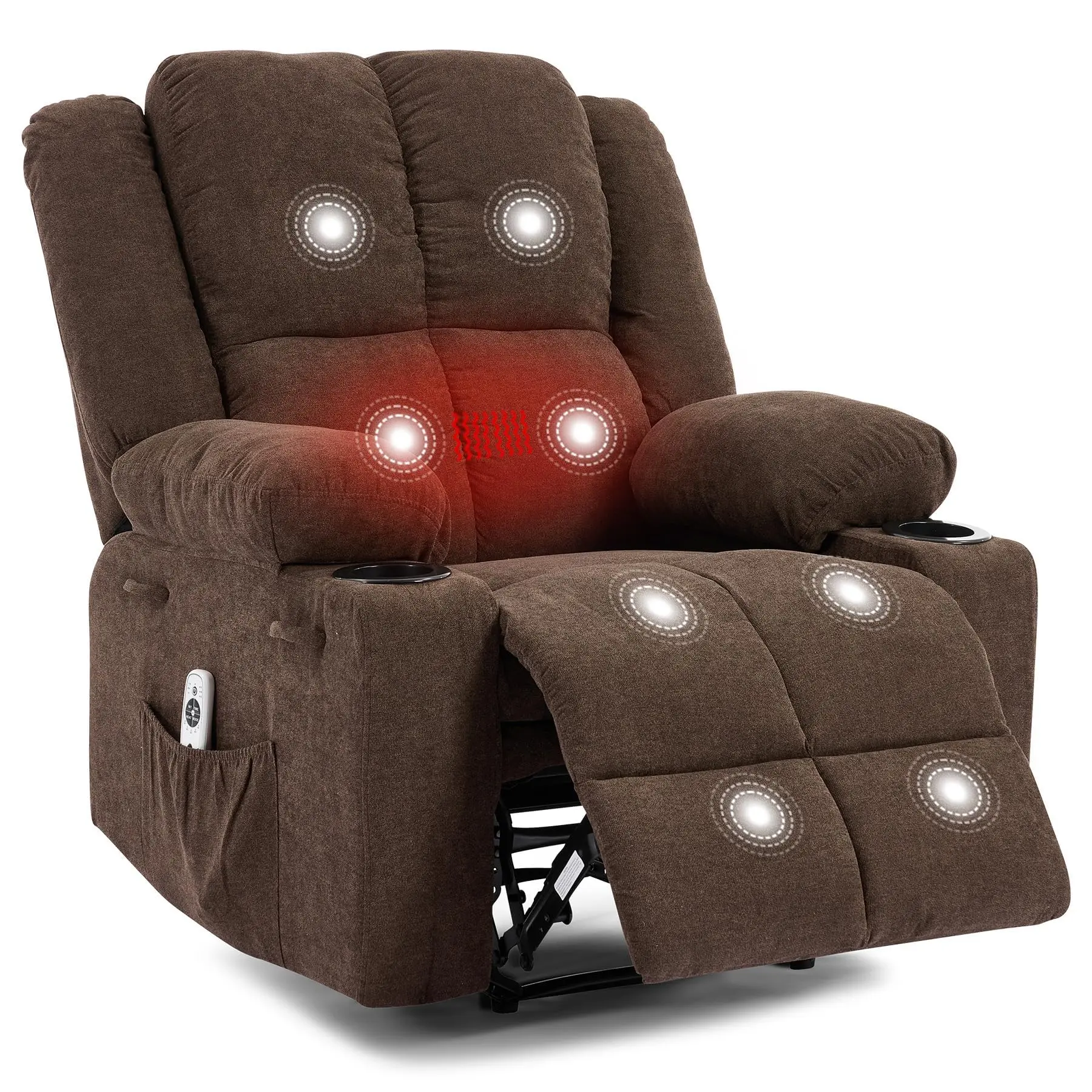 Heated Massage Recliner Chair – Linen Upholstered Lounge, Cup Holders, Side Storage, Oversized Sofa for Living Room or Bedroom, Vibrating Massage