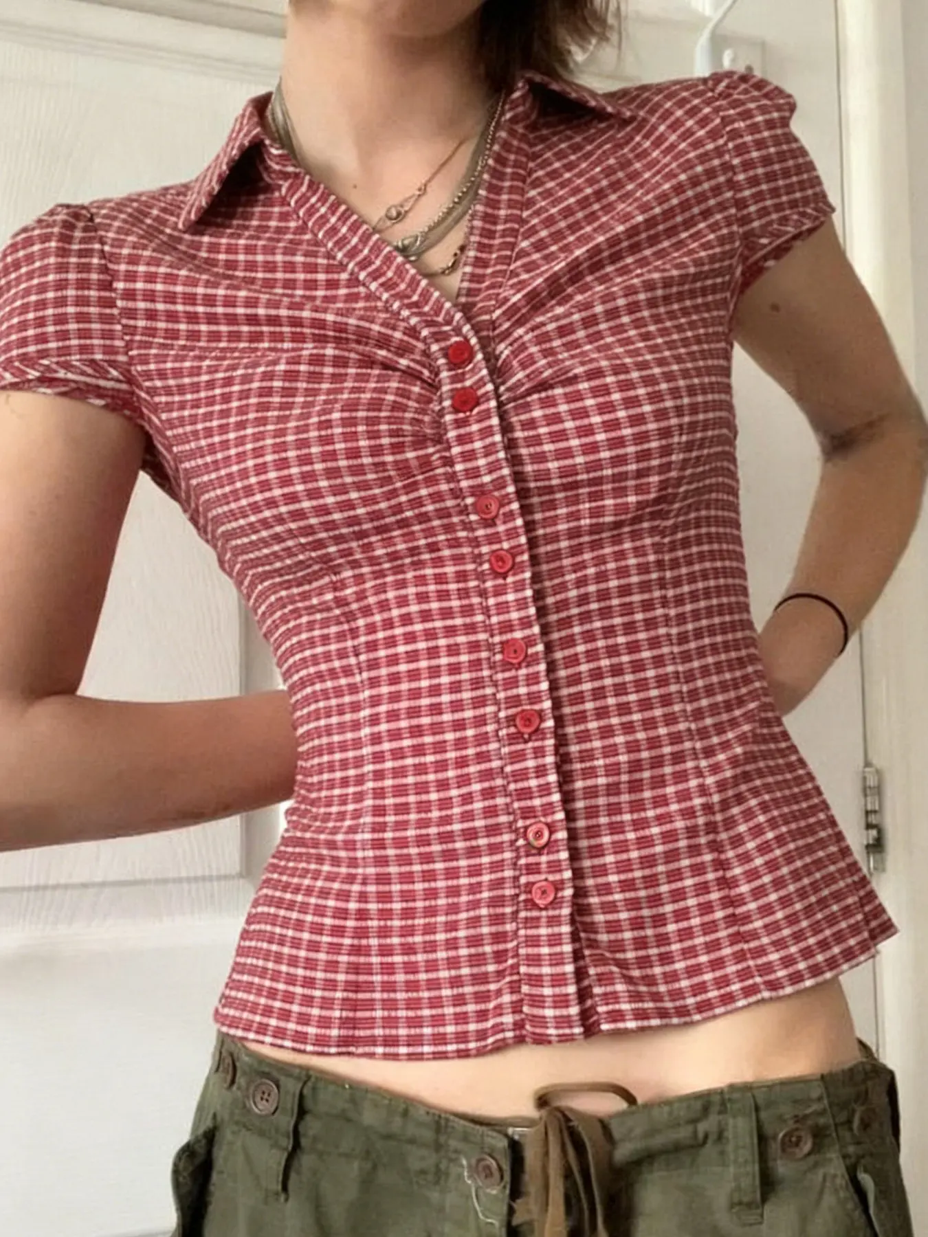 Plaid Lapel Button Front Collared Button Up Blouse Shirt Y2K Retro Pleated Short Sleeve, Sweet Style Cap Sleeve Crop Top, Summer Street Fashion for Women