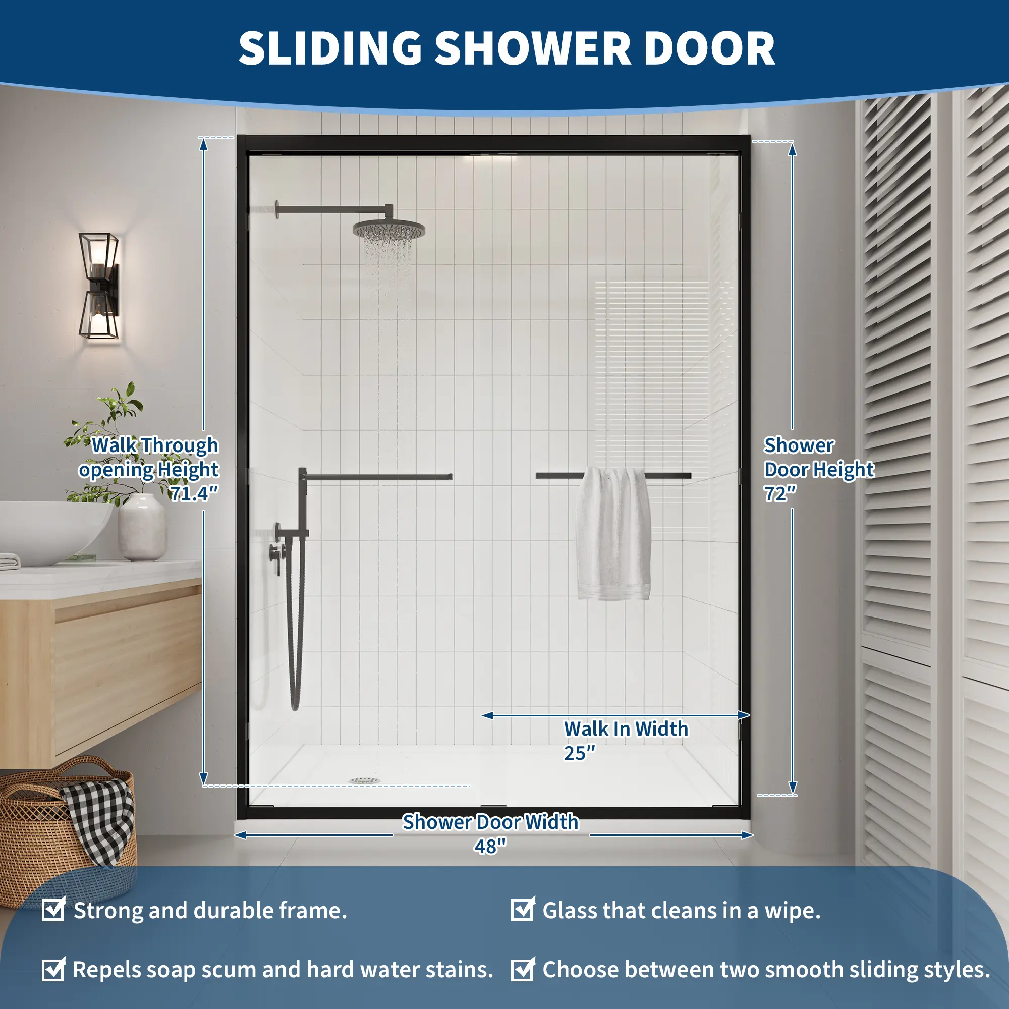 44-48 in. W x 72 in. H Semi-Frameless Double Sliding Shower Door - Clear Tempered Glass with Matte Black Frame, Space-Saving Bypass Door for Walk-In Shower & Small Bathroom